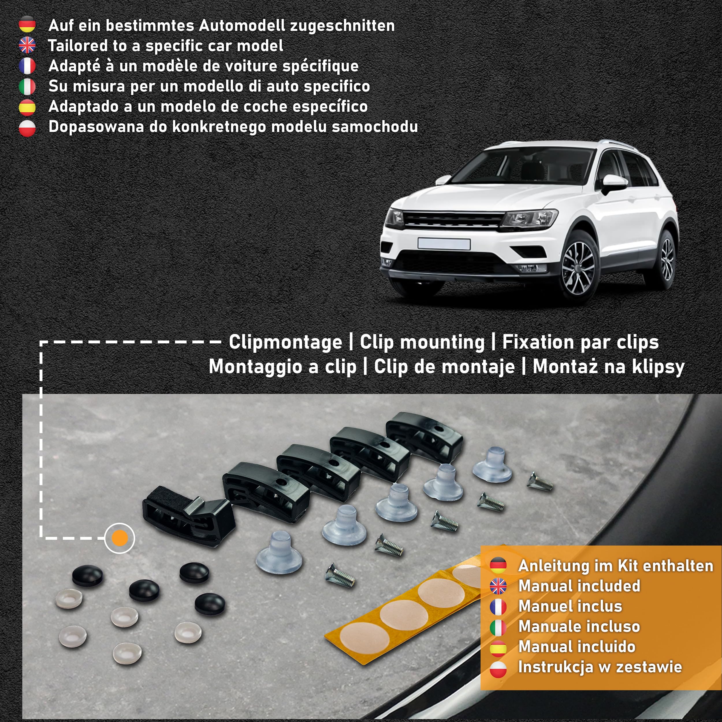 CHROMEMASTER | Auto Zubehör; Steinschlagschutz; Motorhaubenabdeckung Kompatibel mit VW Tiguan ab Bj. 2016 | Schwarzer ABS-Kunststoff | Motorhaubenschutz Deflektor Schützt die Motorhaube vor Steinen