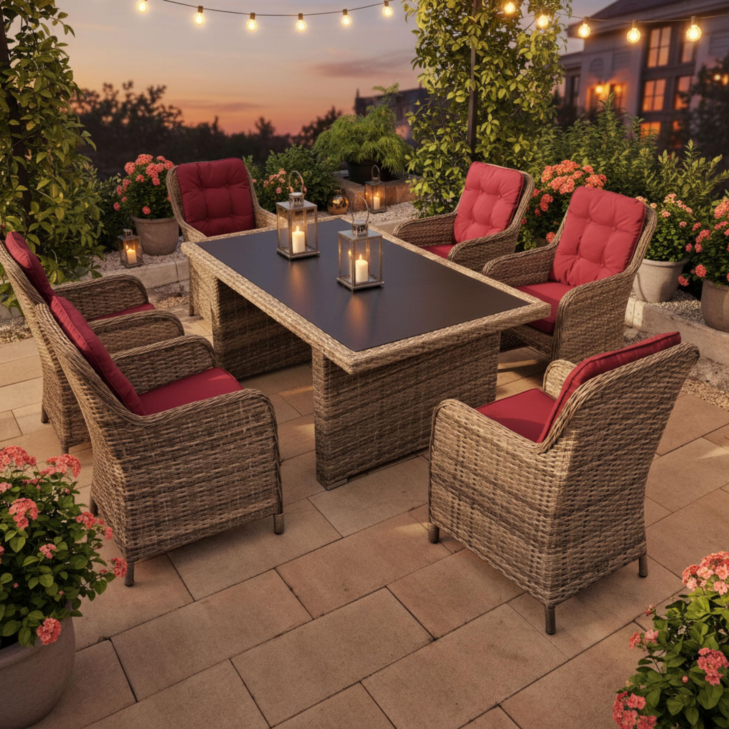 RAGNARÖK PolyRattan - Deutscher Hersteller - Gartenmöbel Essgruppe Tisch 6 Sessel 12 Polster Rostfrei Aluminium Naturfarbene Garnitur (Doppelhalbrund-Rattan) + Polster Weinrot, Glas Schwarz