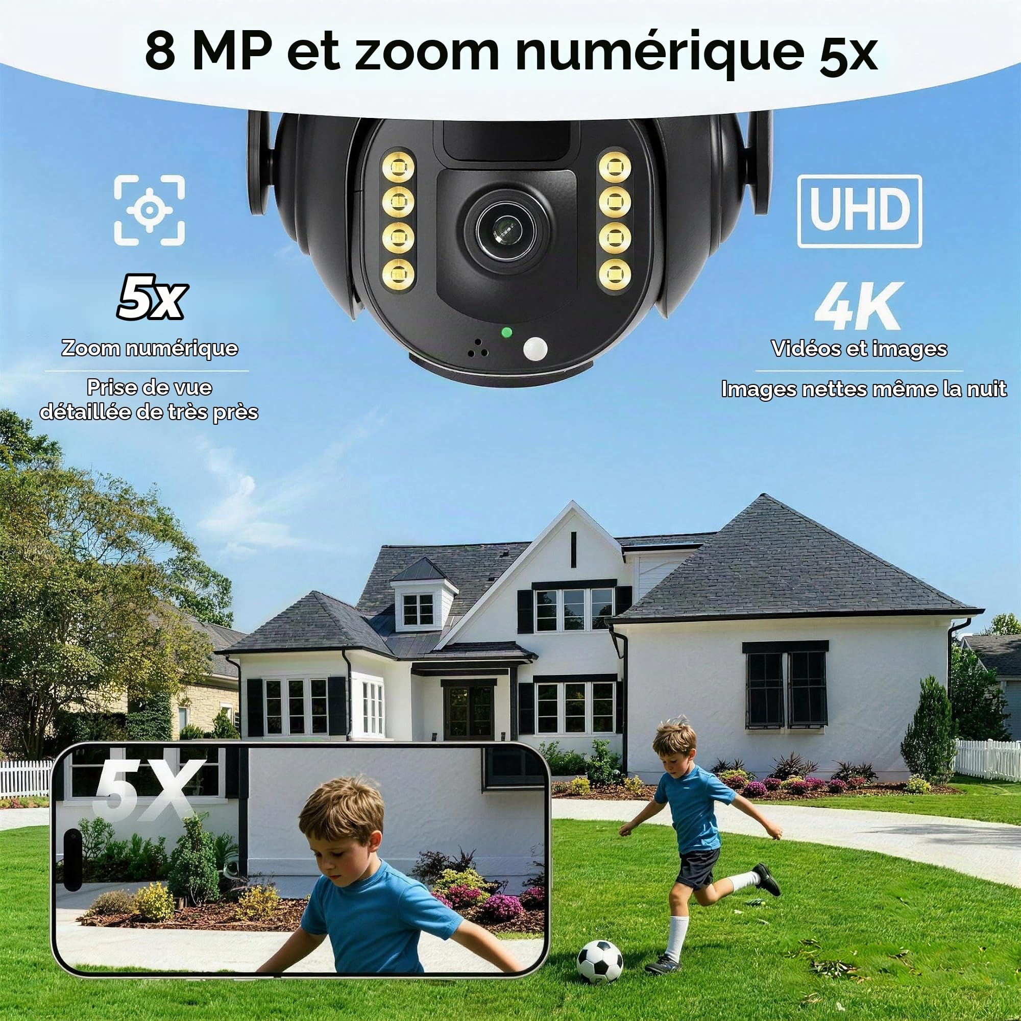 4K Caméra de Surveillance - PTZ 360° Extérieure Étanche avec Zoom 5X, Caméra Solaire 4G LTE pour Sécurité Domestique, Inclus Carte SIM 300Mo et Carte SD 64Go (8MP), Medium