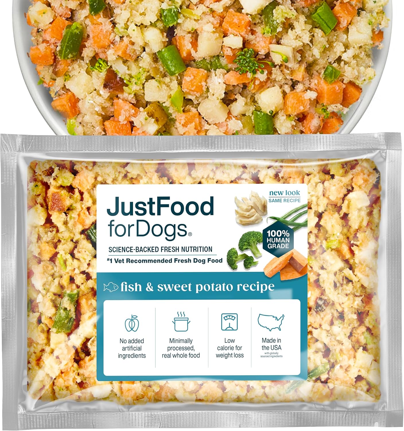 JustFoodForDogs Frozen Fresh Dog Food Toppers and Meals, Human Grade, Balanced Fresh Pet Meal or Topper, No Preservatives, Limited Ingredient Recipe, Fish & Sweet Potato 18 oz - 7 Pack