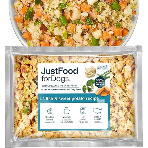 JustFoodForDogs Frozen Fresh Dog Food, Complete Meal or Dog Food Topper, Fish & Sweet Potato Human Grade Dog Food Recipe, 18 oz (Pack of 21)