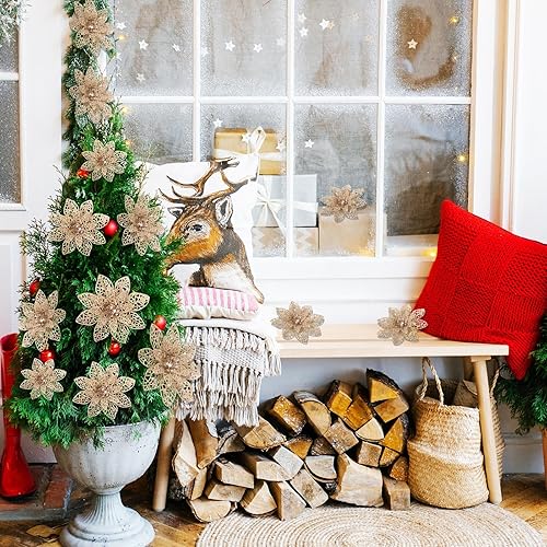 Vista 89 de 24 piezas de adorno de árbol de Navidad de Nochebuena con brillantina. Adorno de decoración de flores de Navidad. 3, 4 y 6 pulgadas / 7.62, 10.16