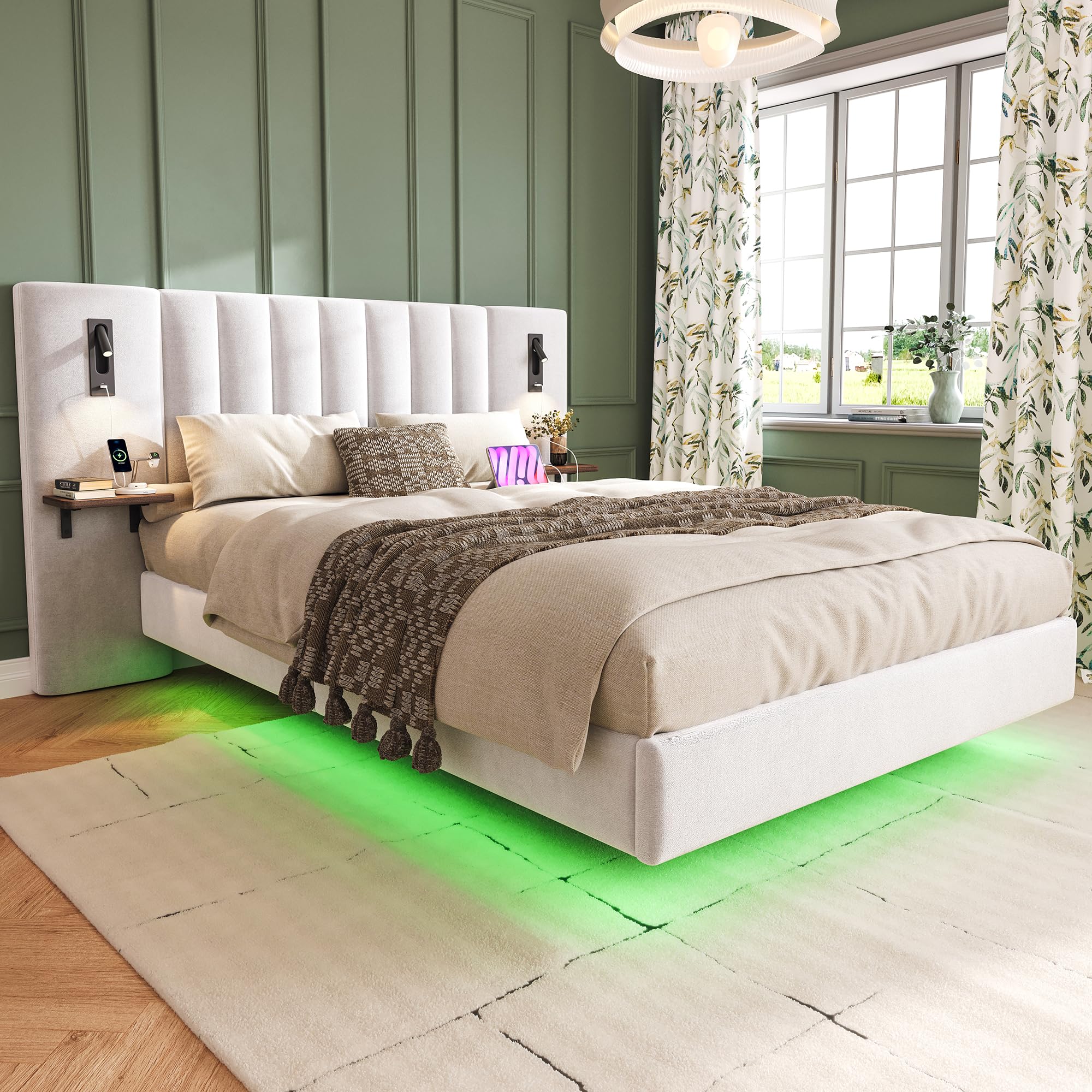 Merax Double bed frame, 4ft6 Double Upholstered Bed, 2 bedside reading lights with charging socket, Soft headboard with Storage Flat Panel, light strip under the bed, White/Velvet, 135CM*190CM — image 1