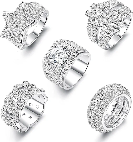 Sanfenly Iced Out Bling Fake Diamond Costume Pinky Ring Chunky Silver 80s 90s Hip Hop Star Cuban Chain Square Dollar Sign Cool Rapper Fashion Cosplay Man Jewelry Ring Set
