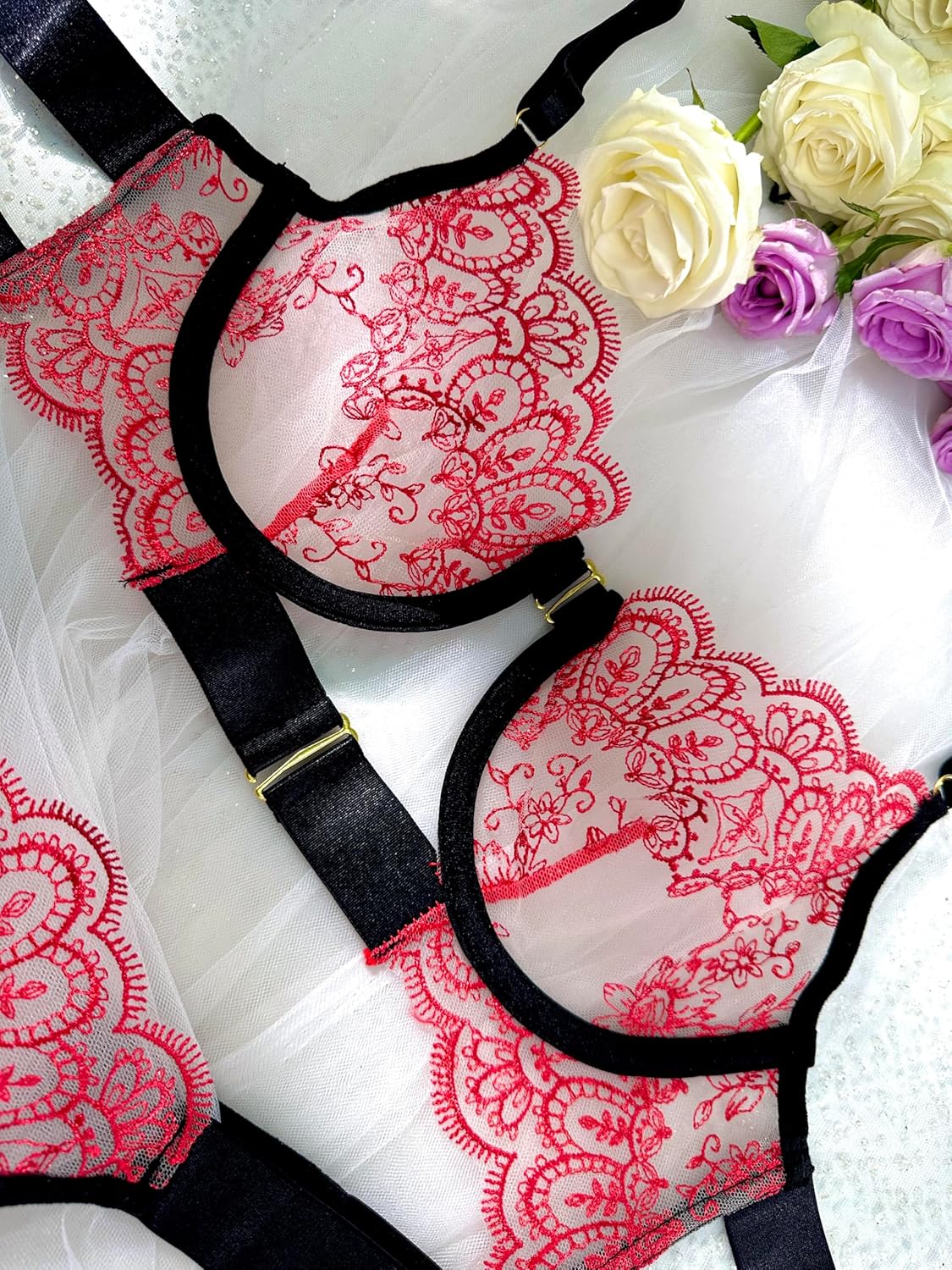 Lingerie Set for Women,Lace Womens Lingeries flower Teddy Lingerie 2 Piece with Garter Belt - Image 6