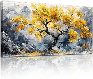 crmotu Tree of Life Large Wall Art, Chinoiserie Scenic Ink Paintings, Mountain Tree Landscape Artwork for Walls, Abstract Watercolor Modern Wall Decor Living Room Bedroom Office Art Prints 20x40inch