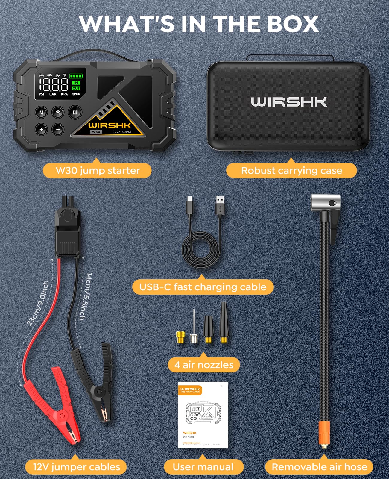 Avviatore di emergenza con compressore d'aria, 8000 A, 160 psi, portatile, 12 V, per tutti i motori a gas o diesel da 10,0 l, booster batteria con display LCD, luce LED e cavi di avviamento