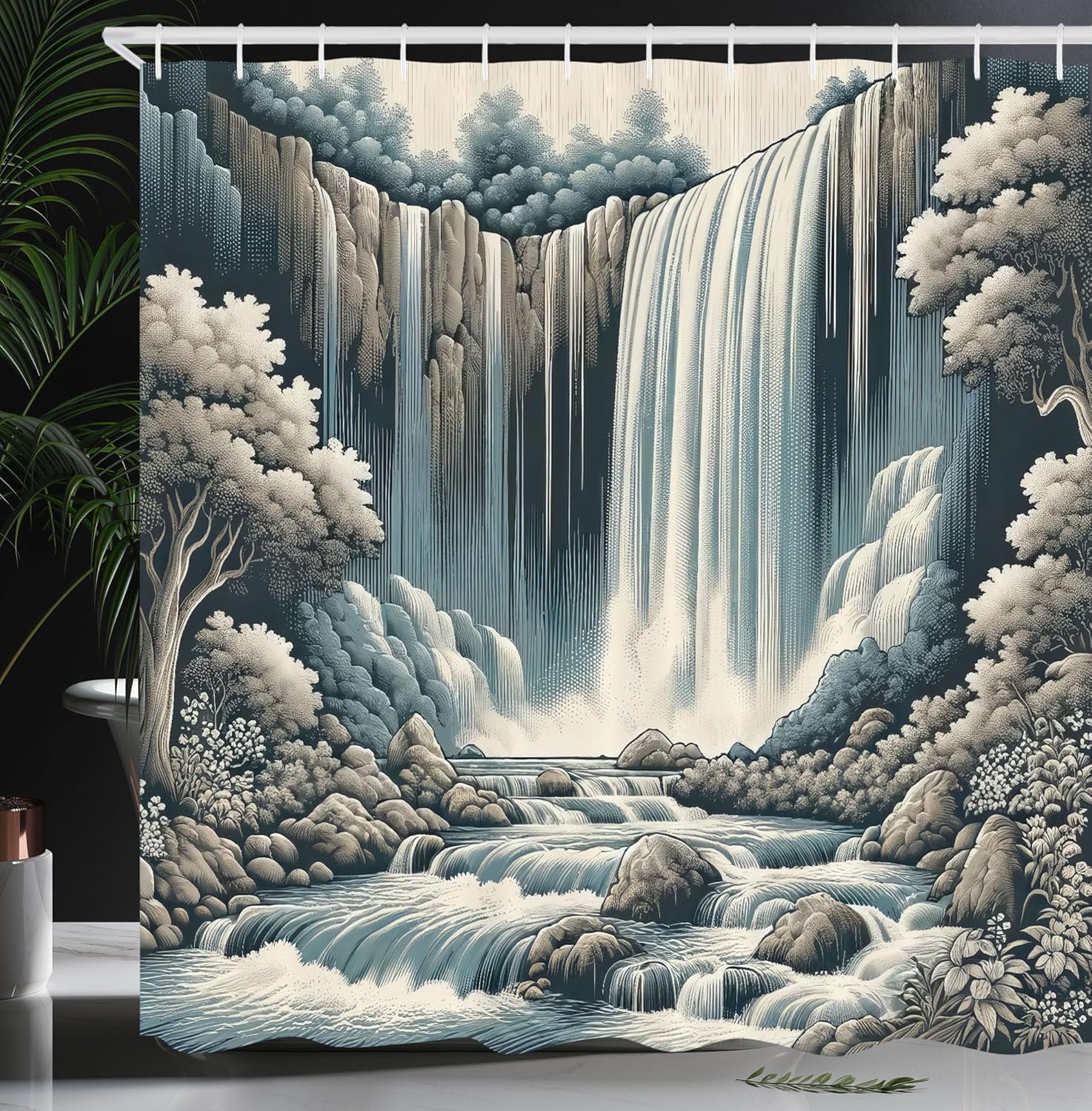 Ambesonne Landscape Shower Curtain, Expressive Nature Scene with Waterfall Forest Trees in Vintage Concept, Cloth Fabric Bathroom Decor Set with Hooks, 69" W x 84" L, Blue Grey Pale Sepia