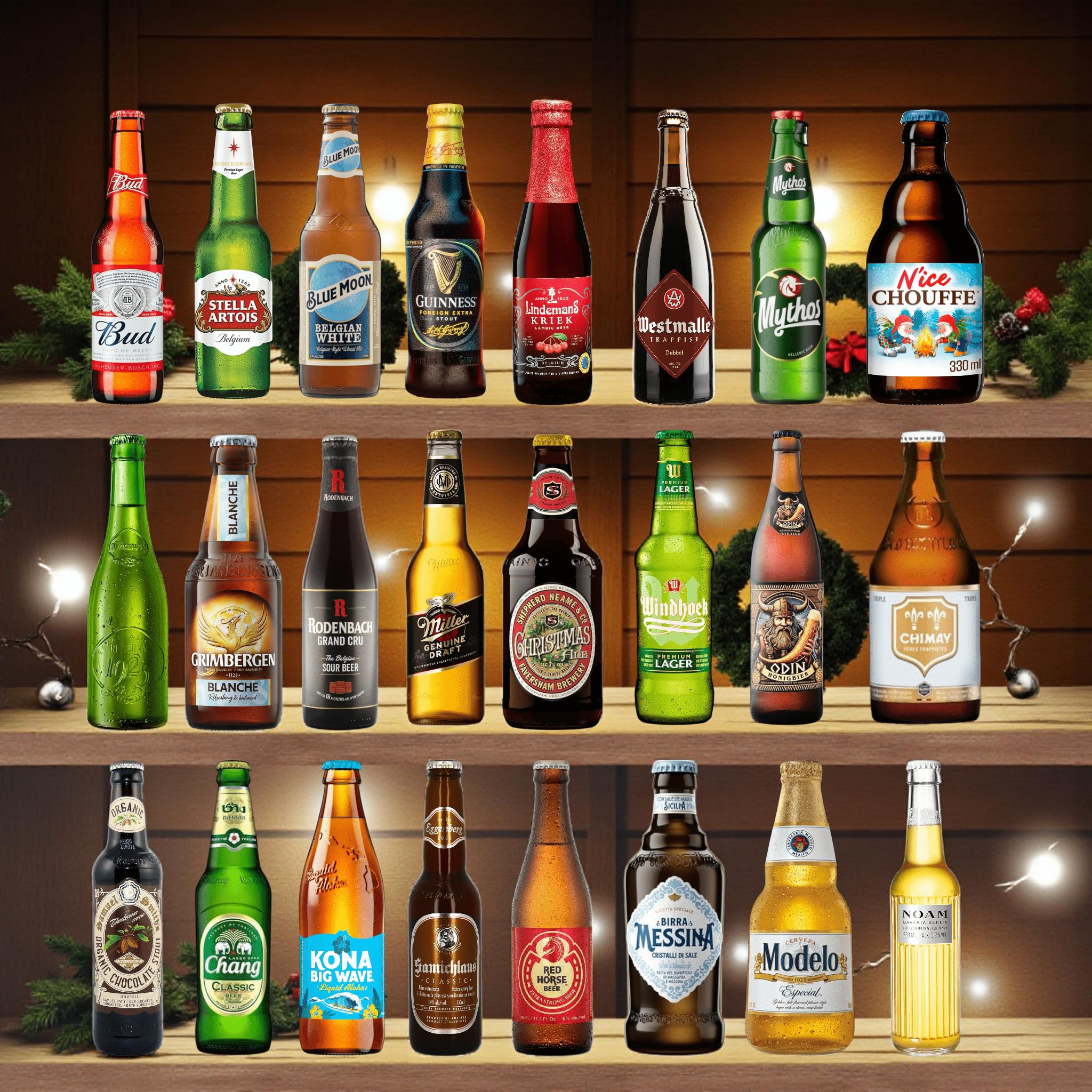 Bier Adventskalender Alternative - Internationales Bier-Mixpaket, 24 verschiedene Bierspezialitäten, Premium-Marken wie Bud, Modelo, Chimay, 0,33-0,5l Flaschen