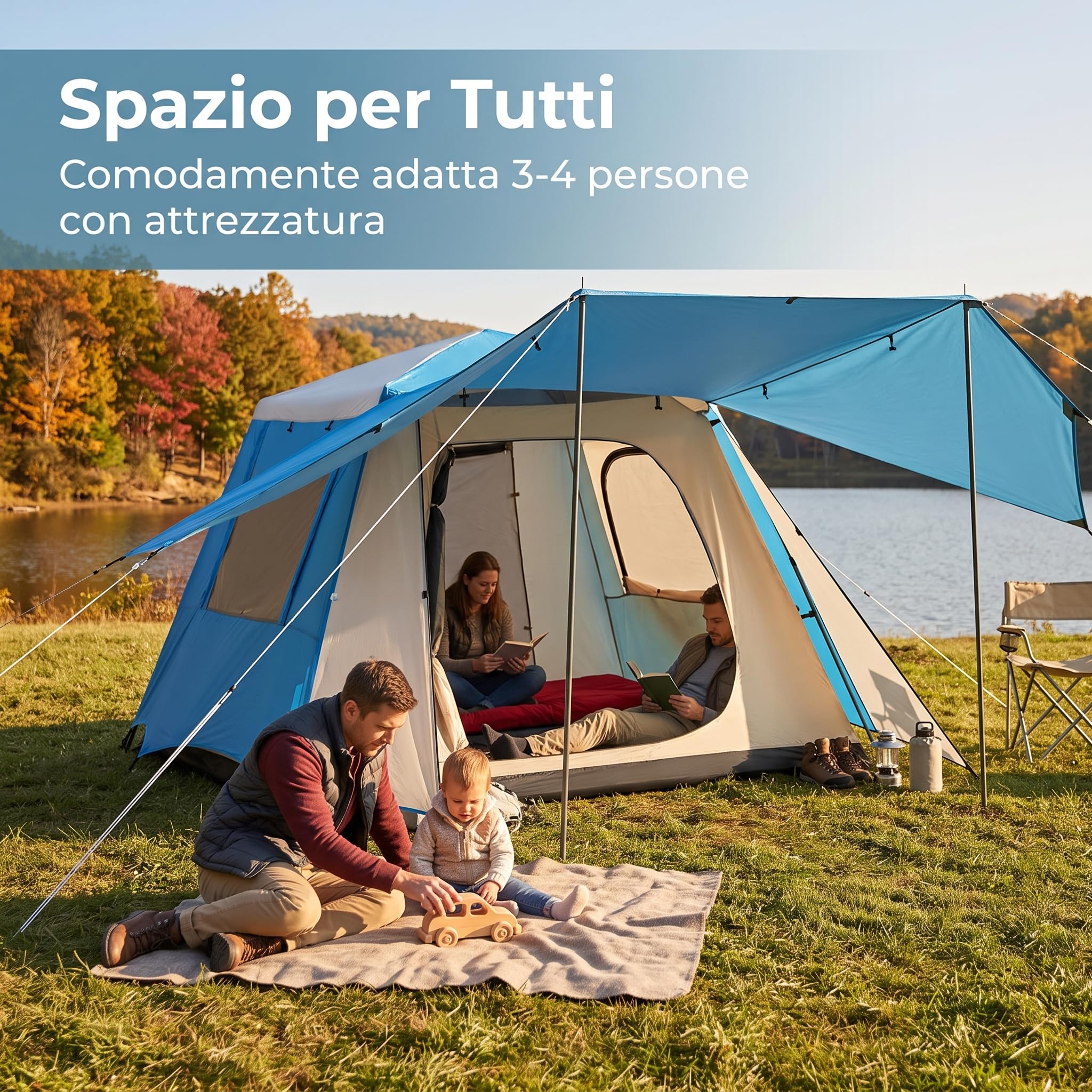 Zelt für 3-4 Personen – Wasserdichtes Camping Zelt mit automatischem, Blau, Style to 1, Blau