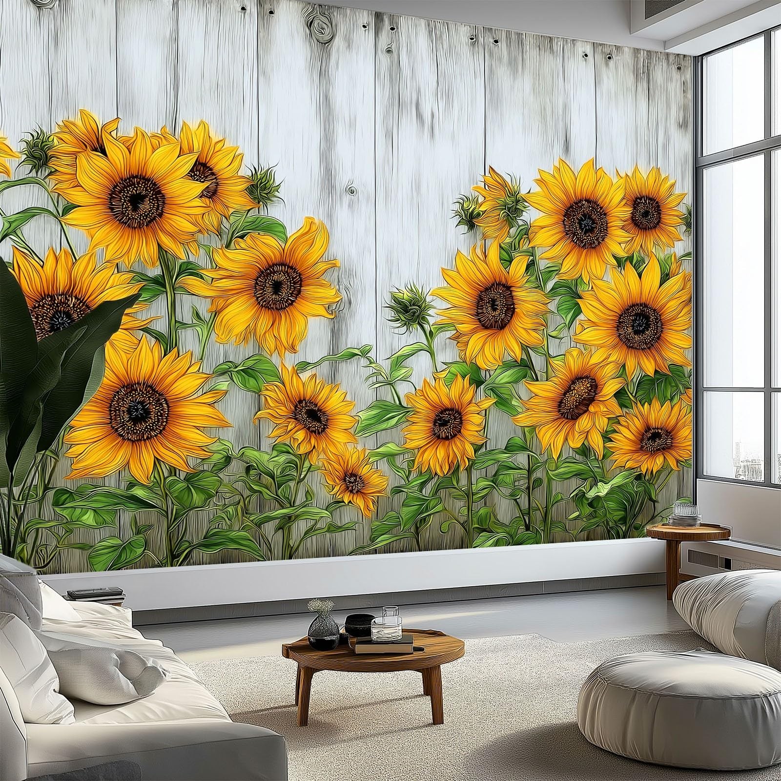 Tapeta z włókniny w stylu retro, słonecznik, deska drewniana, wiejskie kwiaty, 300 x 210 cm, z efektem 3D, fototapeta - nowoczesna tapeta ścienna, tapeta ścienna, dekoracja ścienna do salonu, sypialni
