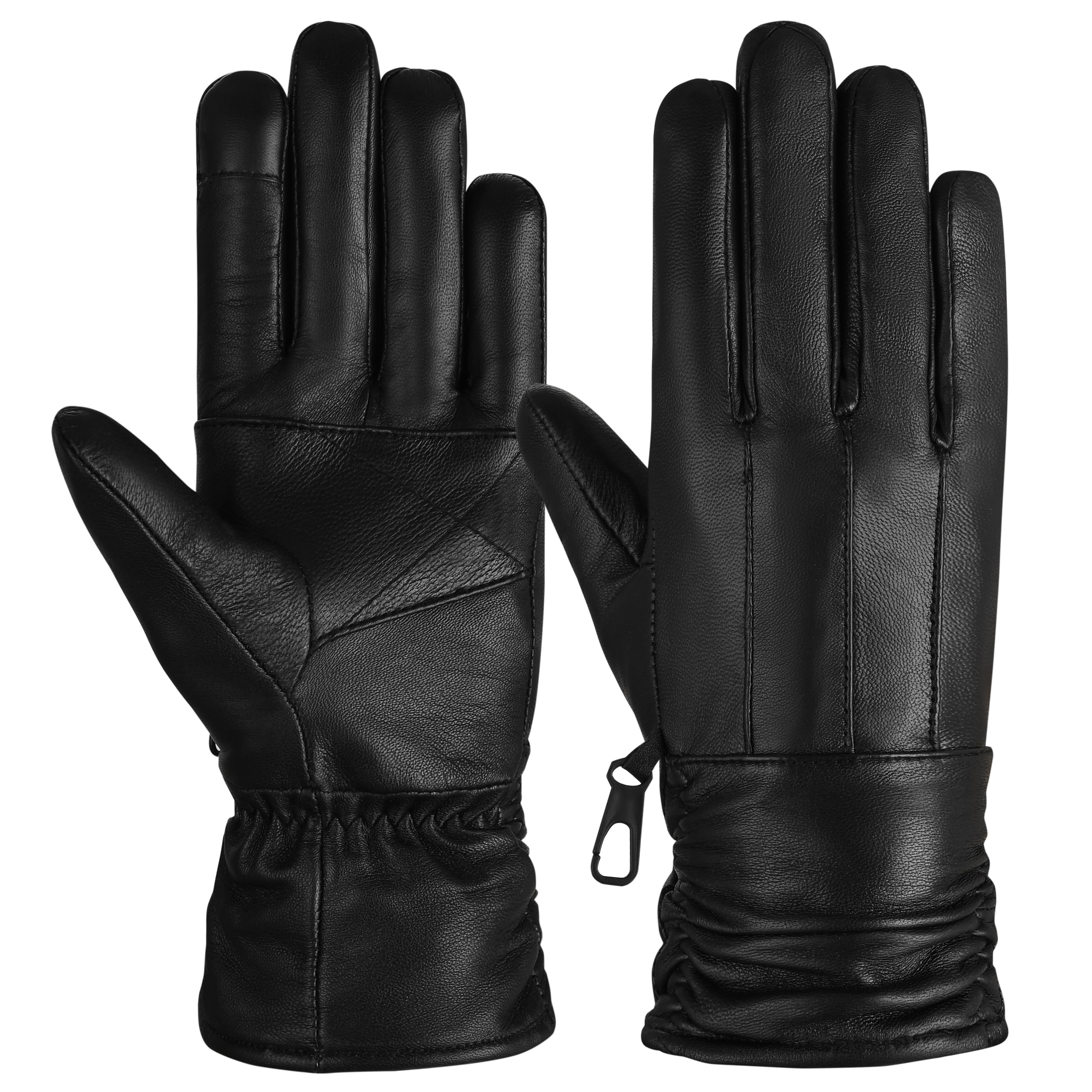 Hand Fellow Genuine Sheepskin Women Leather Gloves, Women Winter Gloves Fleece Lined Touch Screen Driving Gloves (Black, M)