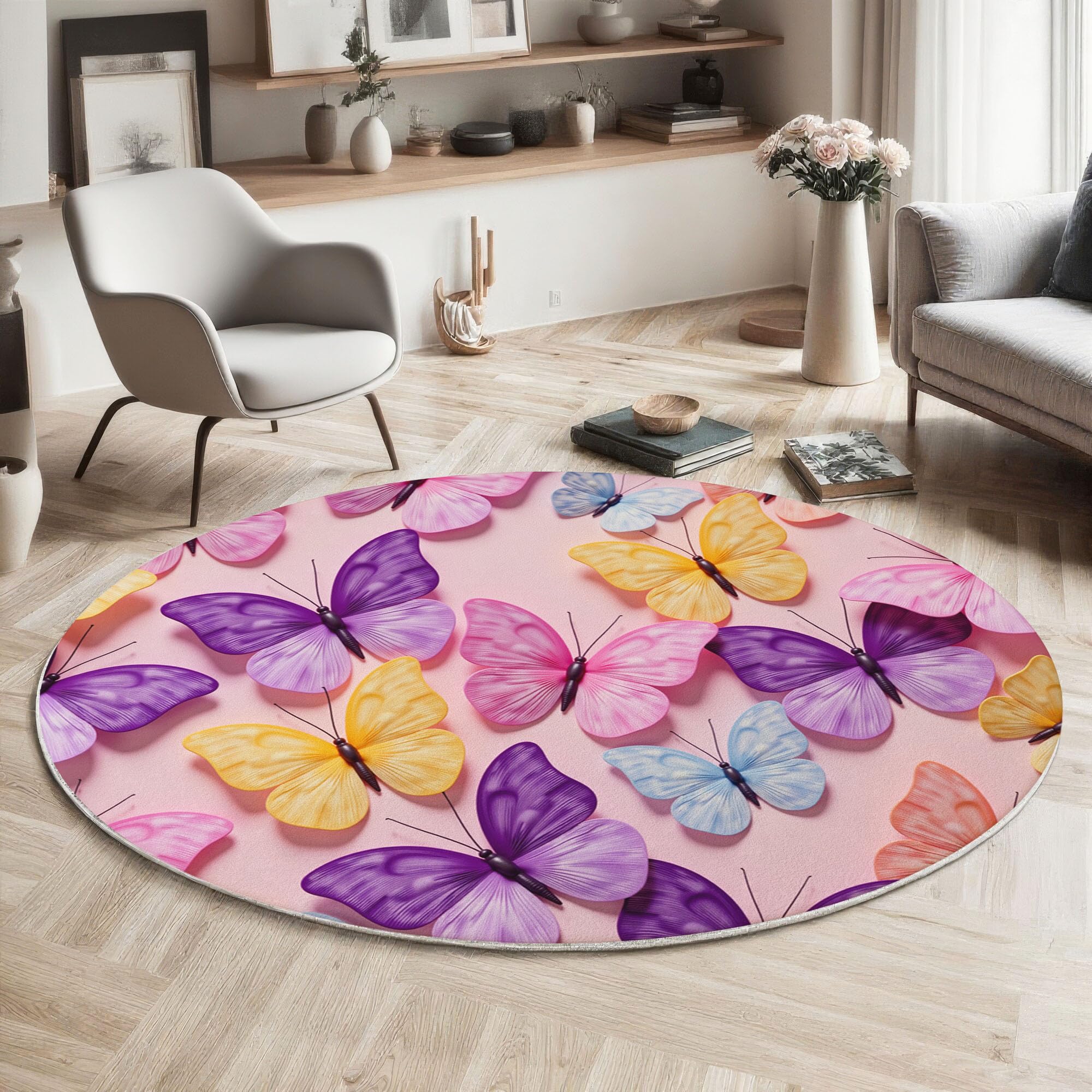 Tapis rond lavable 80 cm avec motif papillon 3D pour sol de salon moderne