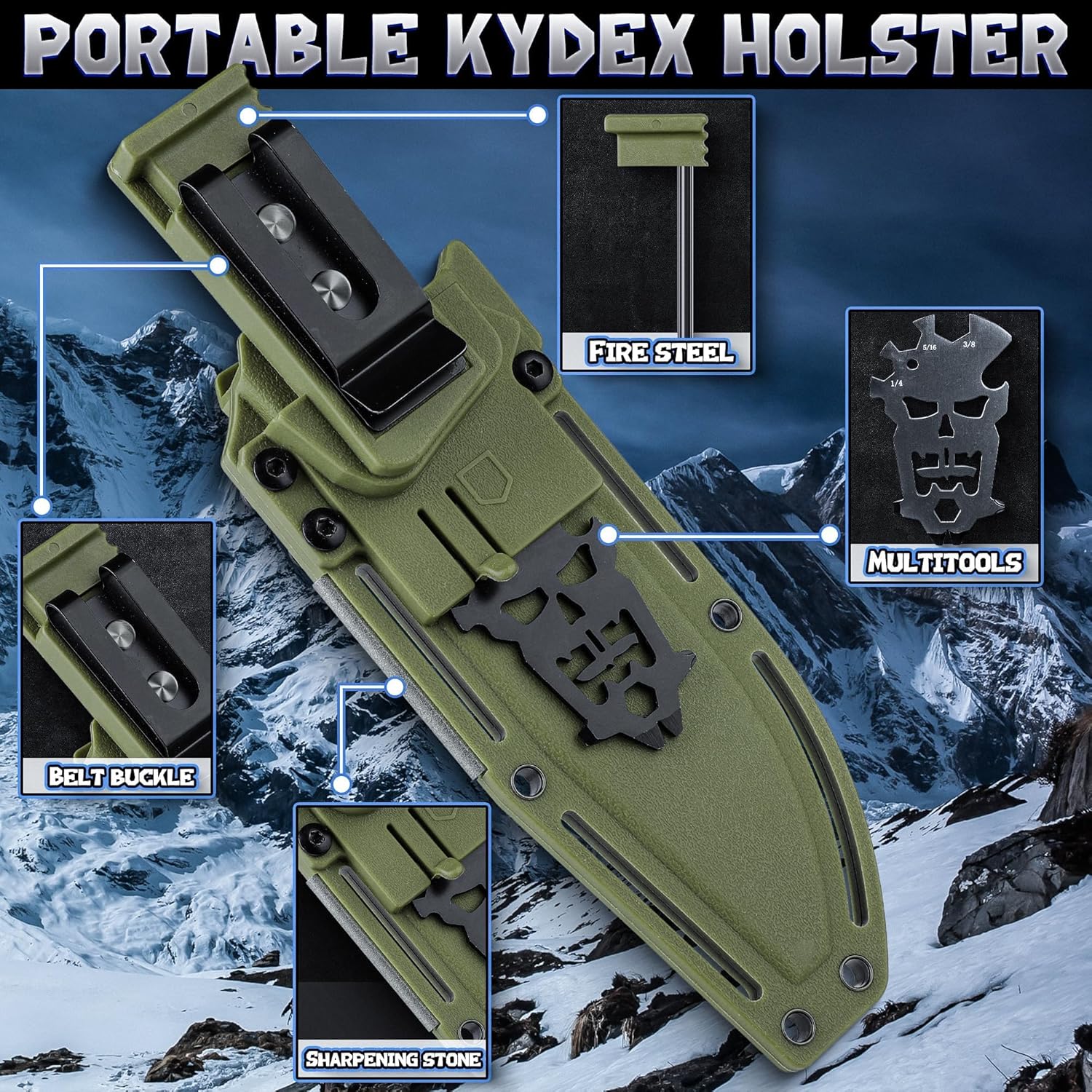 Purple Dragon Fixed Blade Knife with Kydex Sheath Green Knives for Camping, Gifts for Men