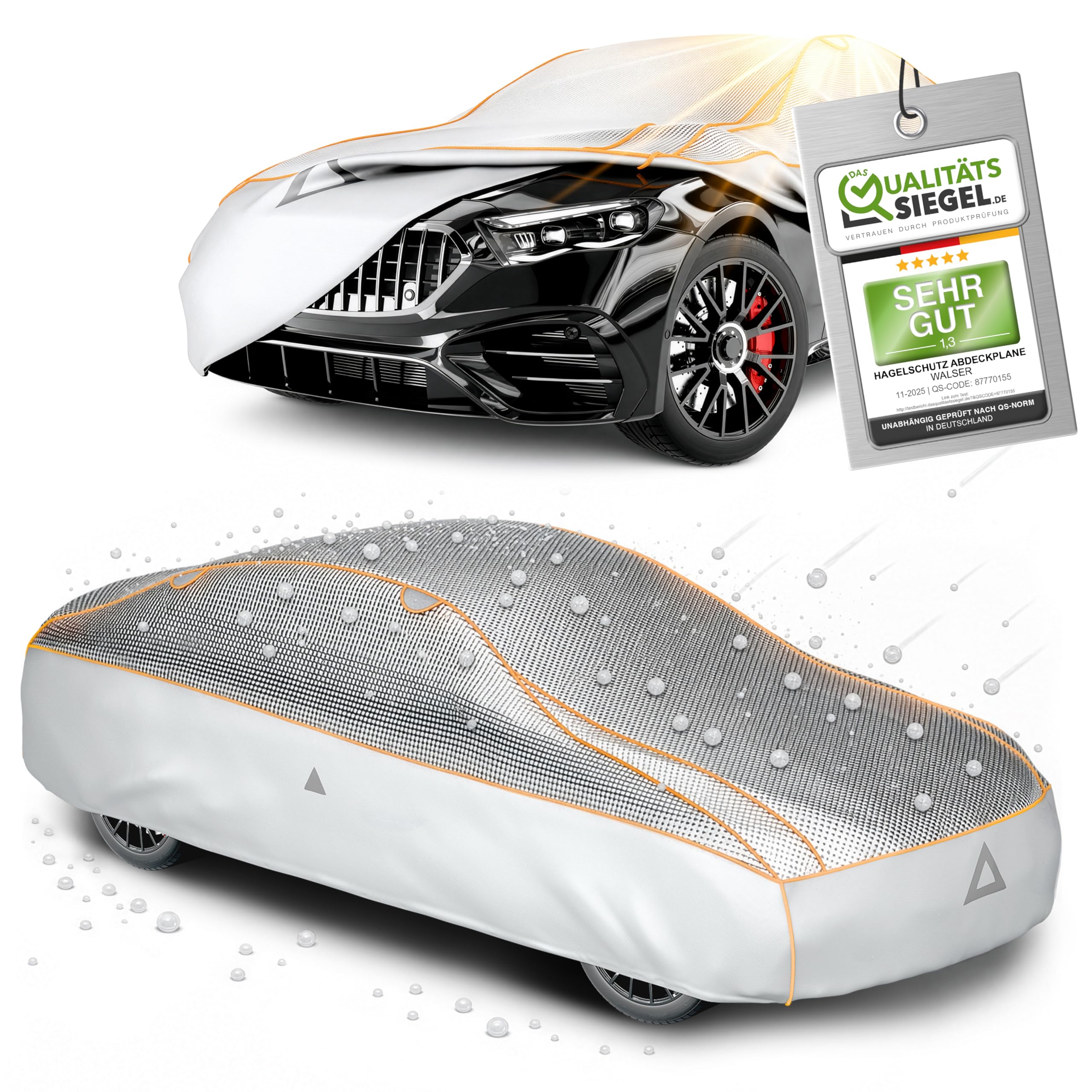 WALSER Premium Hagel- & Hitzeschutz Abdeckplane Auto, Auto Hagelschutzplane EPE Sun Protect - reduziert Hitze im Innenraum, 100% wasserdichte Autogarage Abdeckung, Ganz-Jahres-Abdeckplane Größe 3