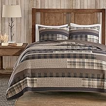 Woolrich Winter Plains Reversible Quilt Set - Cottage Styling Reversed to Solid Color, All Season Lightweight Coverlet, Cozy Bedding Layer, Matching Shams, Oversized Full/Queen, Stripes Taupe 3 Piece