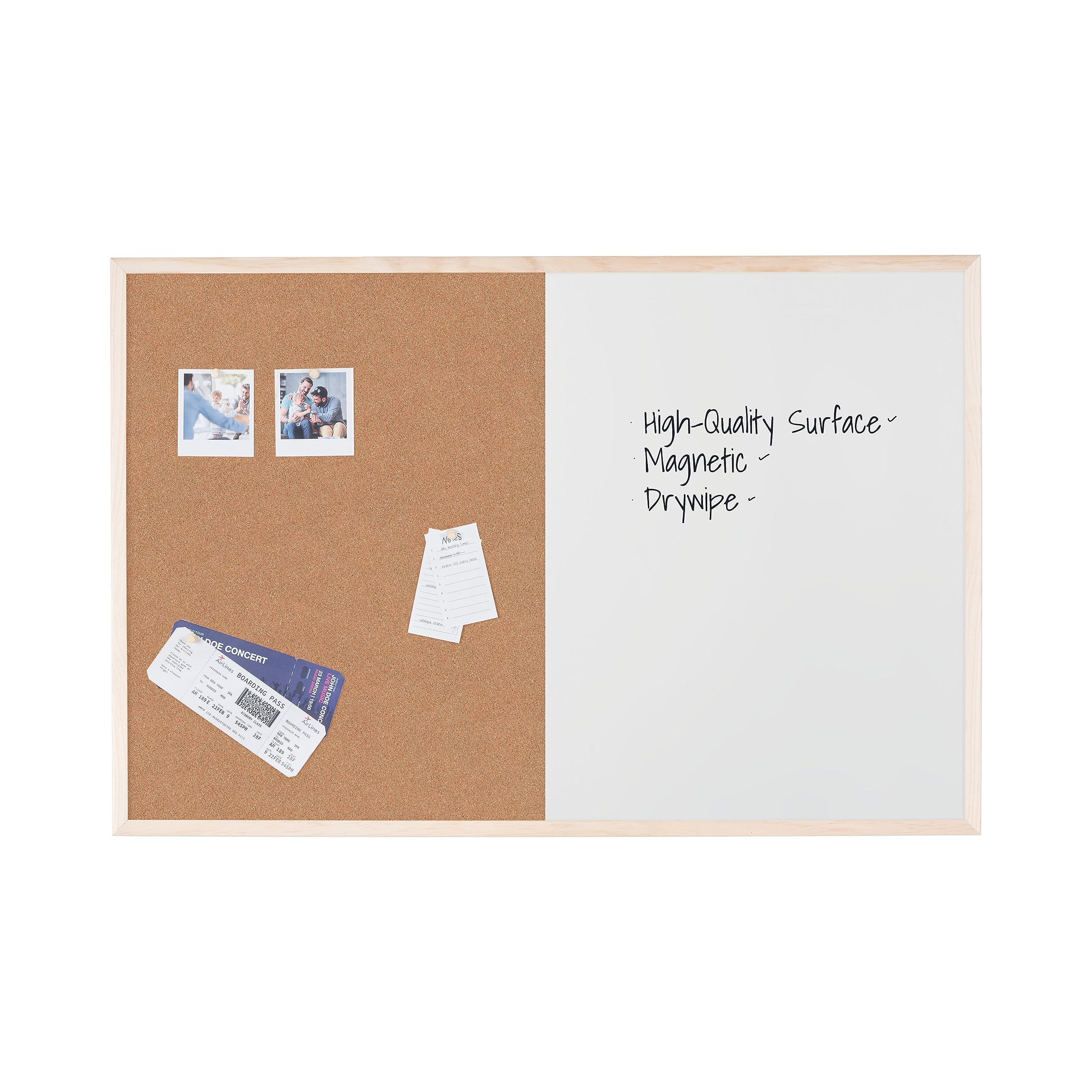 Bi-Office Budget Wood Frame Combination Board, Cork and Magnetic Whiteboard Dry Wipe Memo Board, 90 x 60 cm