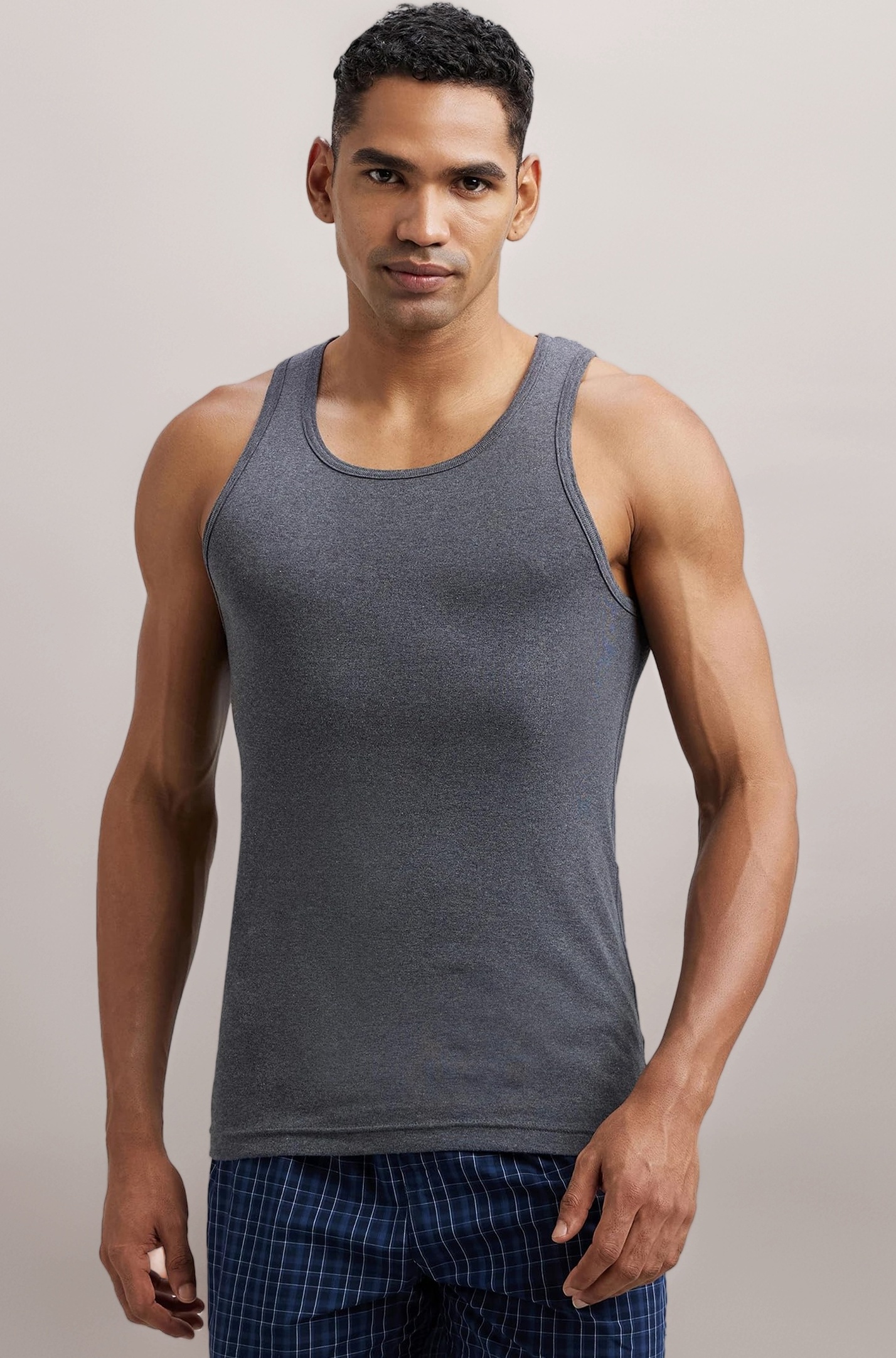 FP04 Men's Super Combed Cotton Rib Round Neck Sleeveless Vest with Extended Length for Easy Tuck