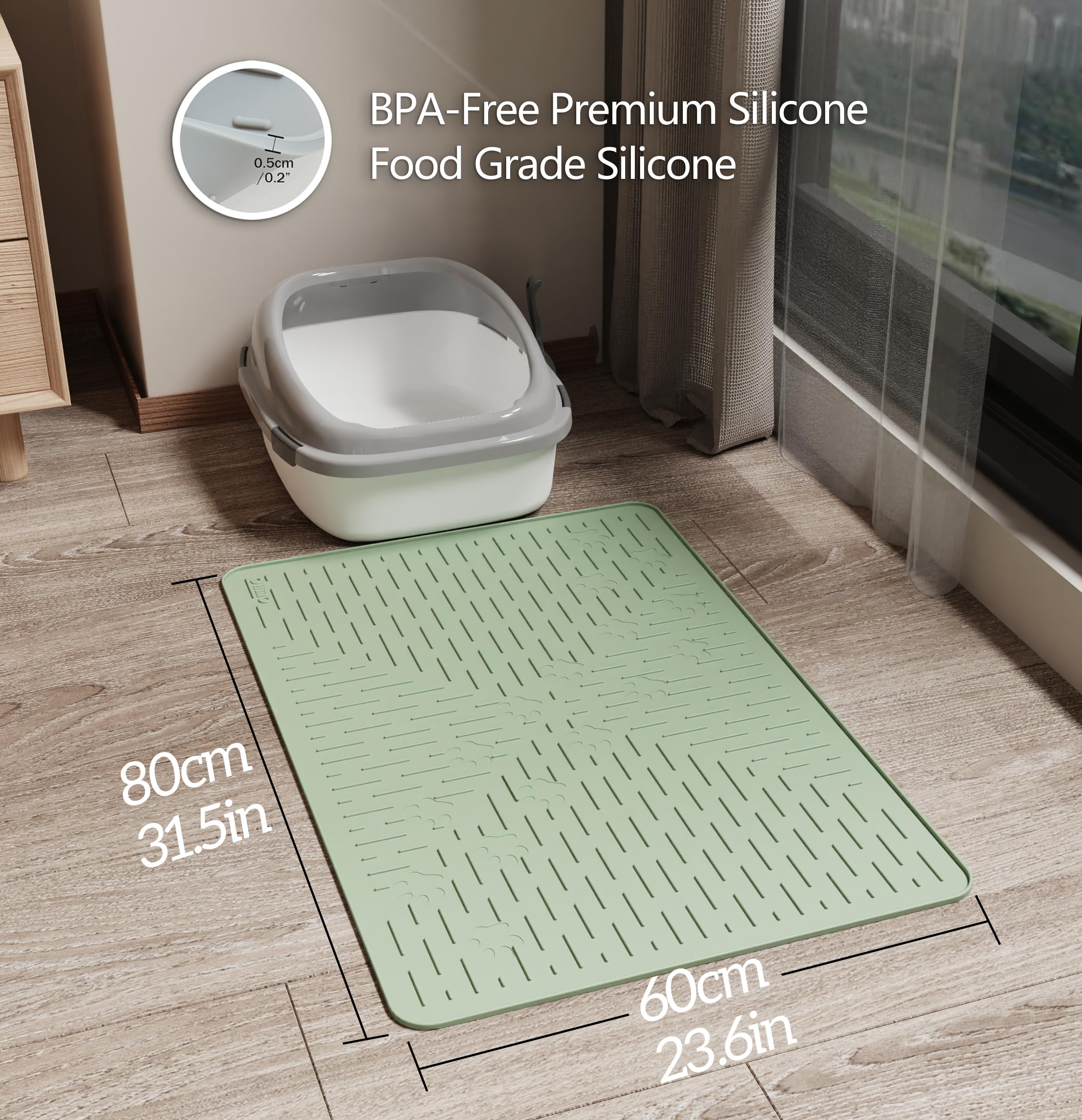 OHMO Cat Litter Mat Trapping Mat Premium Silicone 80x60cm, Waterproof and BPA Free Kitty Litter Box Mat, Easy to Clean and Keeps the Floor Tidy (Light Green) - Image 4