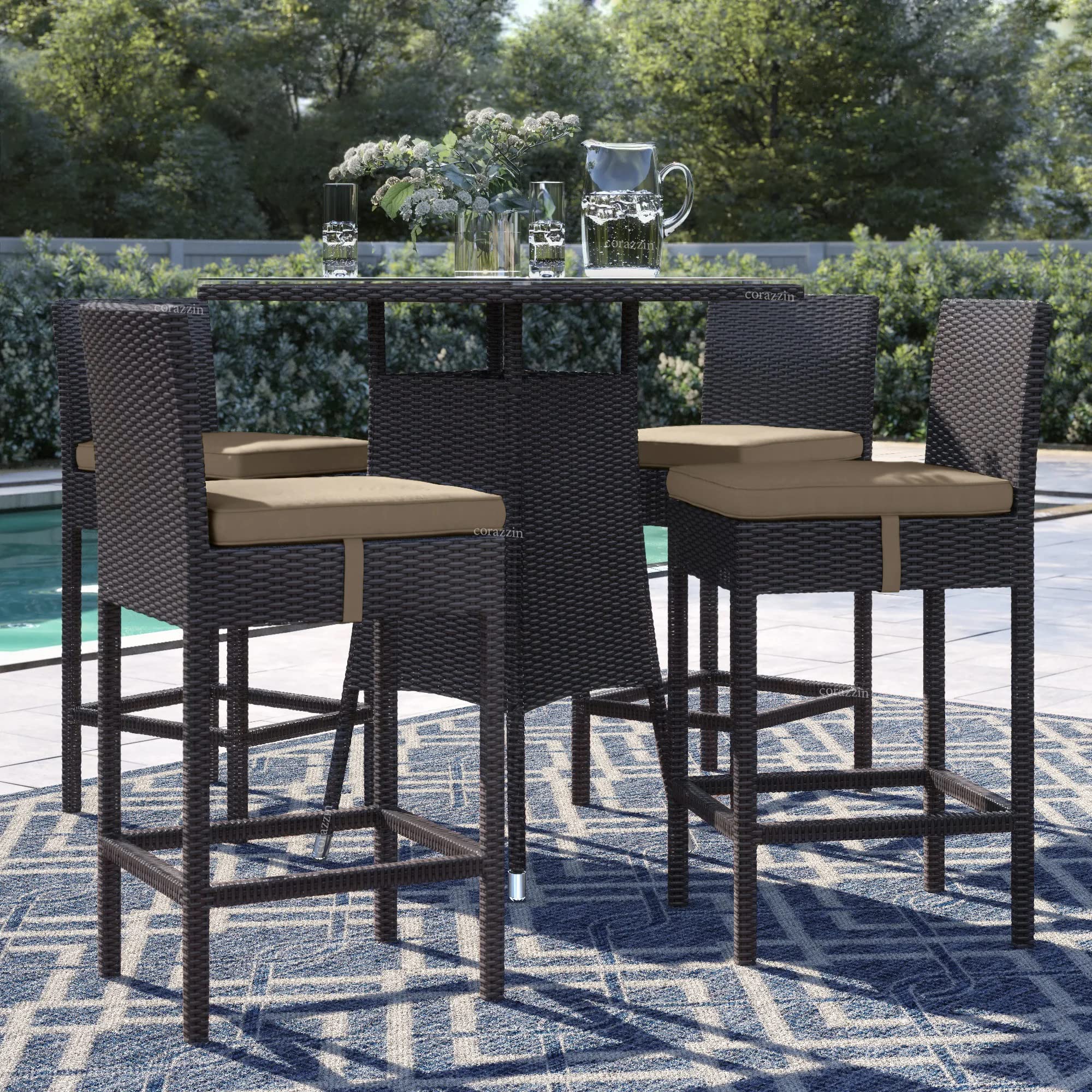 Rattan Wicker Outdoor Bar Patio Table with 4 Chairs Set for Home Graden Balcony 4 Seater High Bar Patio Furniture Table and Chairs (Brown Cushion, Brown)-image-22
