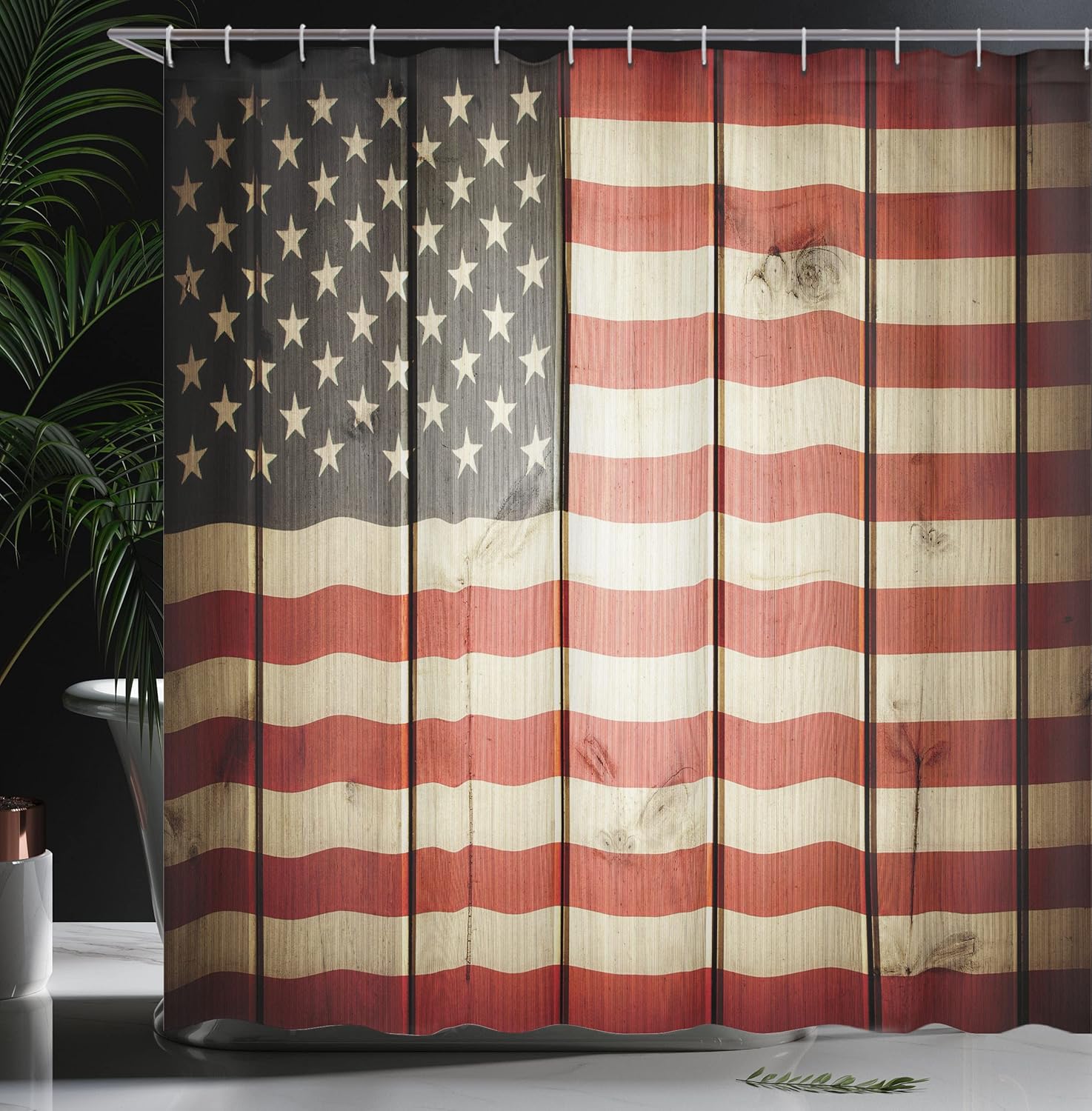 Ambesonne American Flag Shower Curtain, USA Flag Over Vertical Striped Wooden Board Citizen Solidarity Art, Cloth Fabric Bathroom Decor Set with Hooks, 69" W x 70" L, Blue Red 69" W x 70" L Blue Red