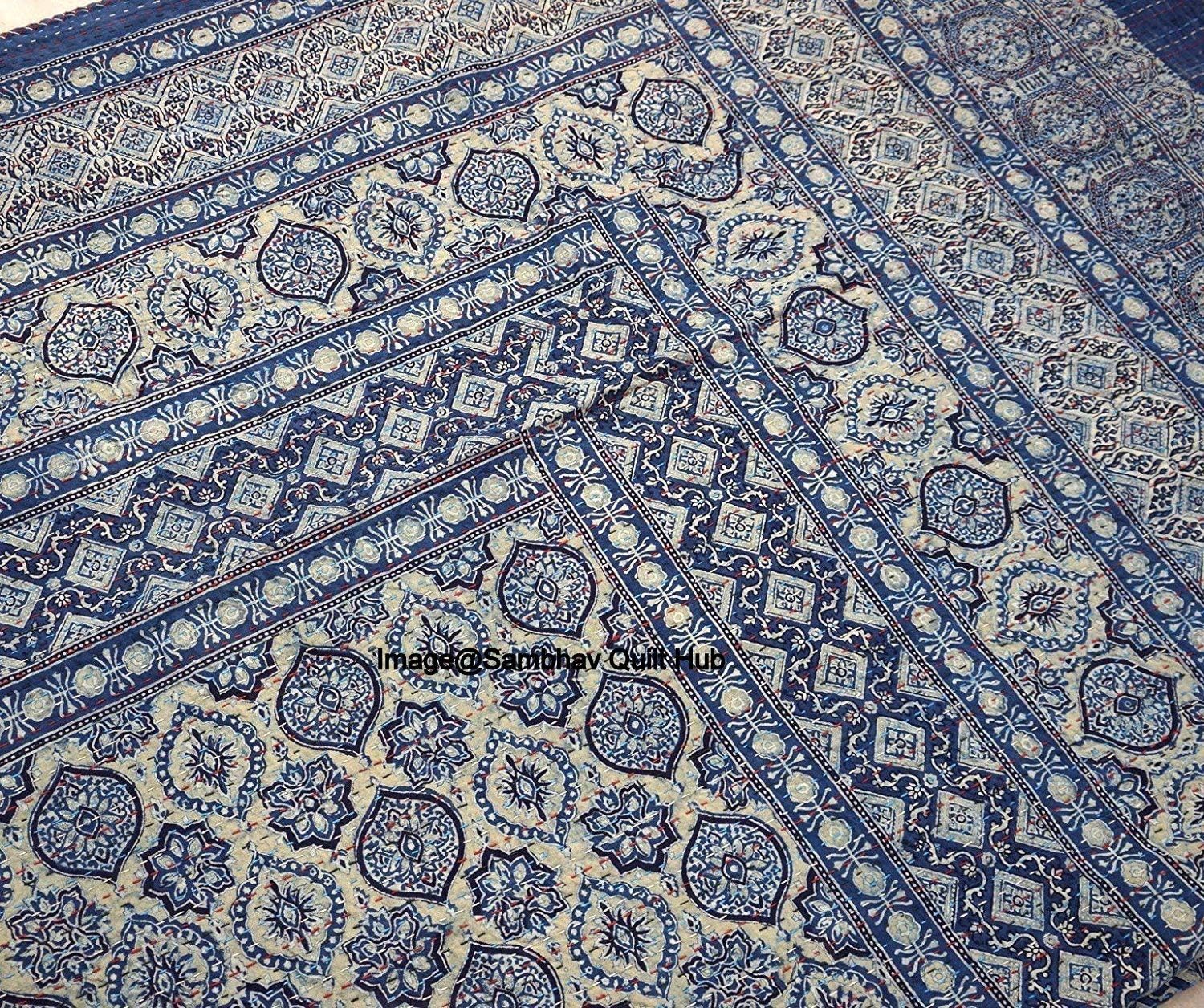 Blue Ajarakh Hippie Handmade Queen Size Kantha Bedspread Ajrakh Reversible Hand Stitched Cotton Kantha Quilts Bohemian Floral Kantha Twin/Queen (90X108 inch)