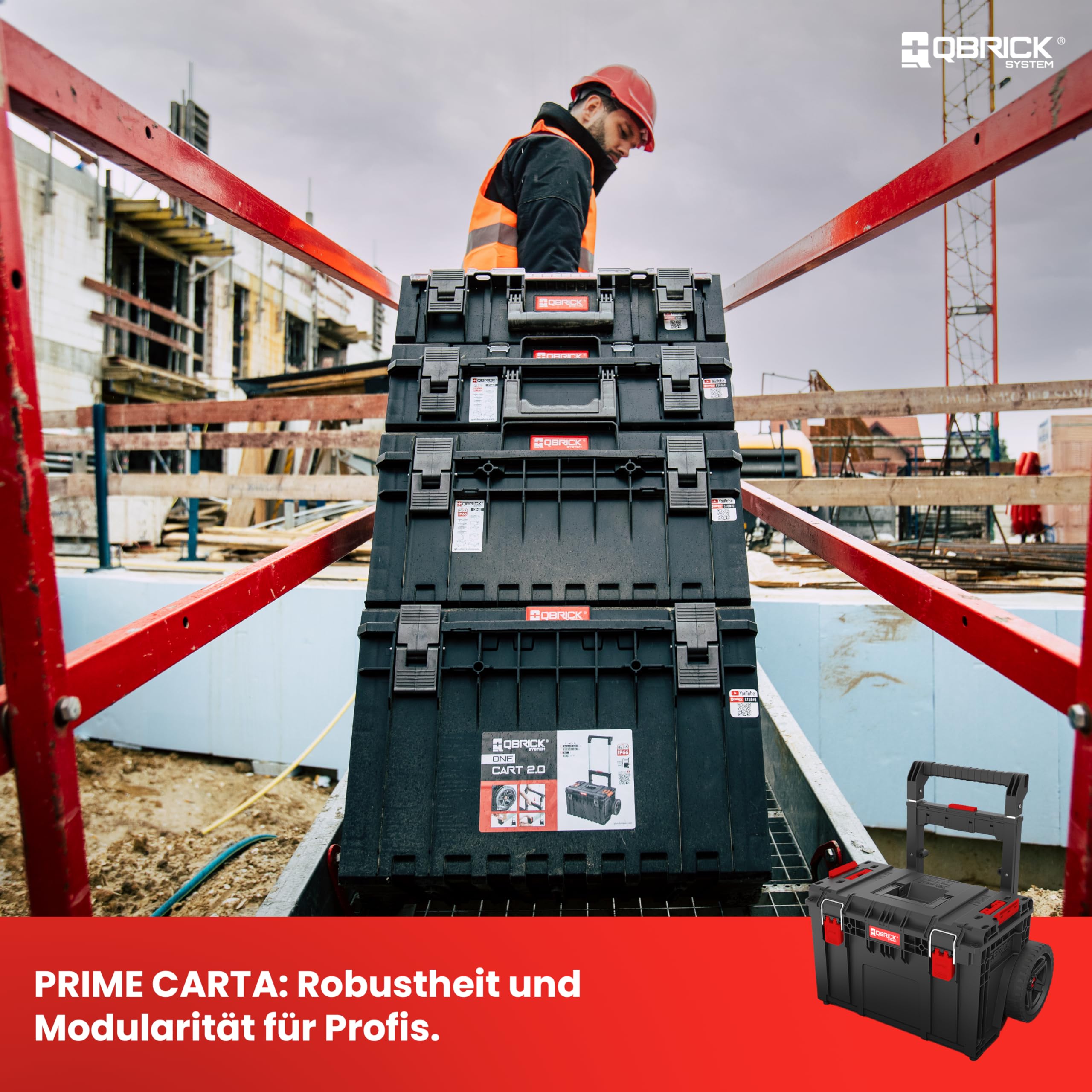 Qbrick System Werkzeugwagen Prime Cart Black Werkzeugtrolley Werkzeugkoffer Werkzeugkasten IP66 100 kg Tragkraft 120 kg Belastbar Modular