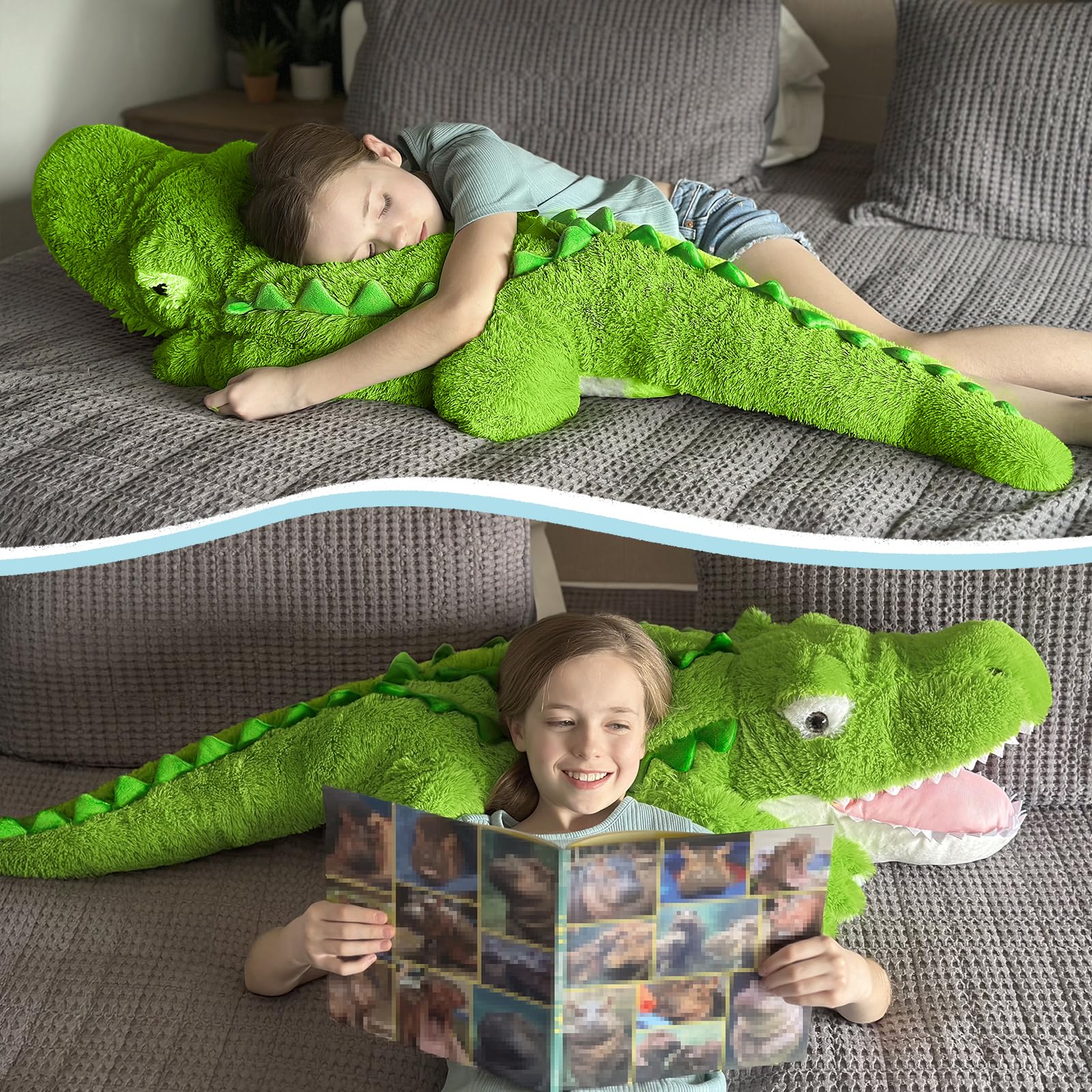 KERTA 51 inch Giant Alligator Stuffed Animal, Hugging 4ft Large Alligator Plush Body Pillow, Soft Stuffed Crocodile Plush Toy Birthday Valentine's Day Gift for Girls Boys 2