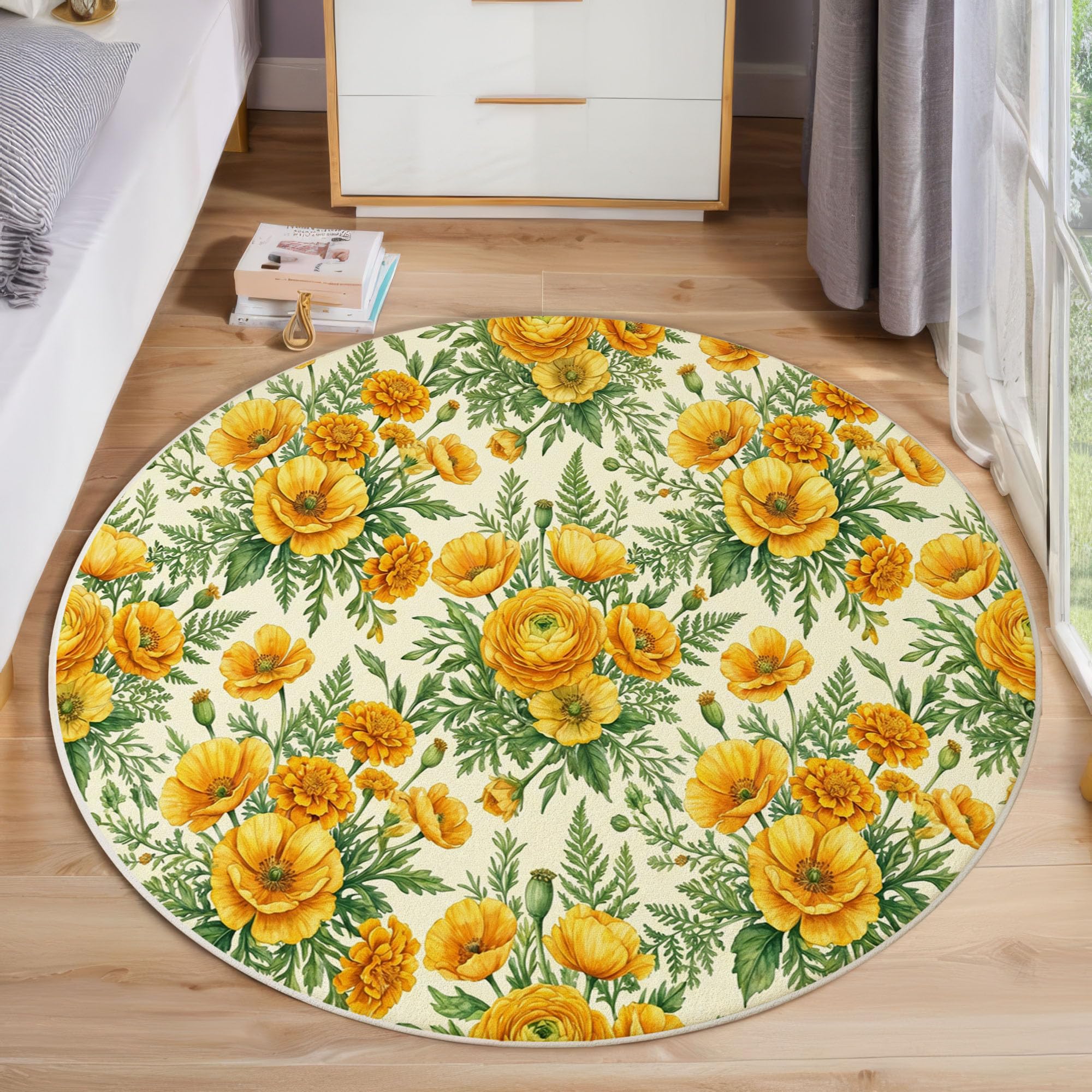Tapis rond jaune 200cm antidérapant avec motif de coquelicot pour salon