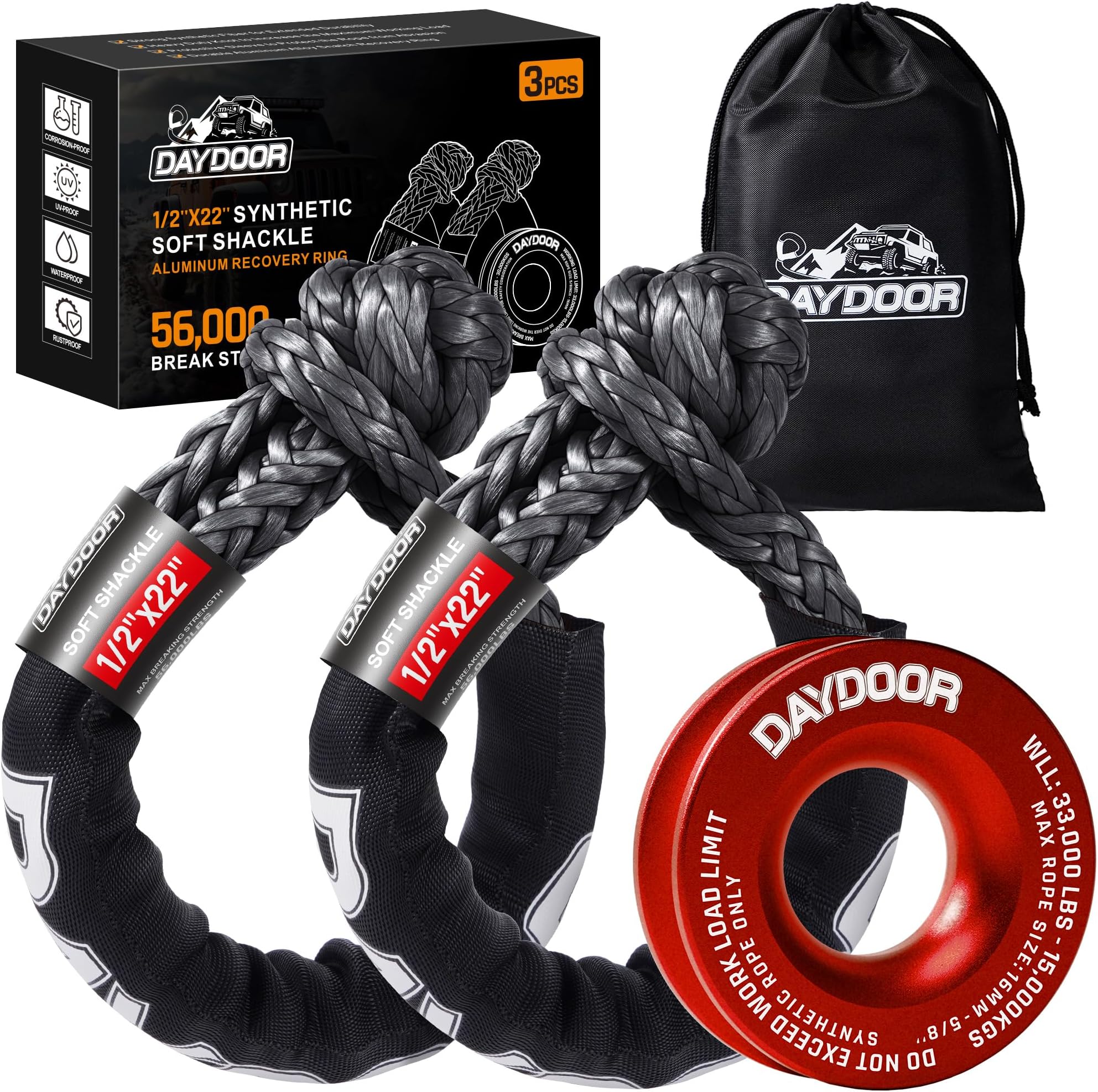 DAYDOOR Synthetic Soft Shackle & Winch Recovery Ring Kit, 2 PCS 1/2'' x 22'' Recovery Soft Shackle(56,000Lbs Breaking Strength), 1 PCS Recovery Ring for ATV UTV Off-Road Vehicles(Red Ring), XC079