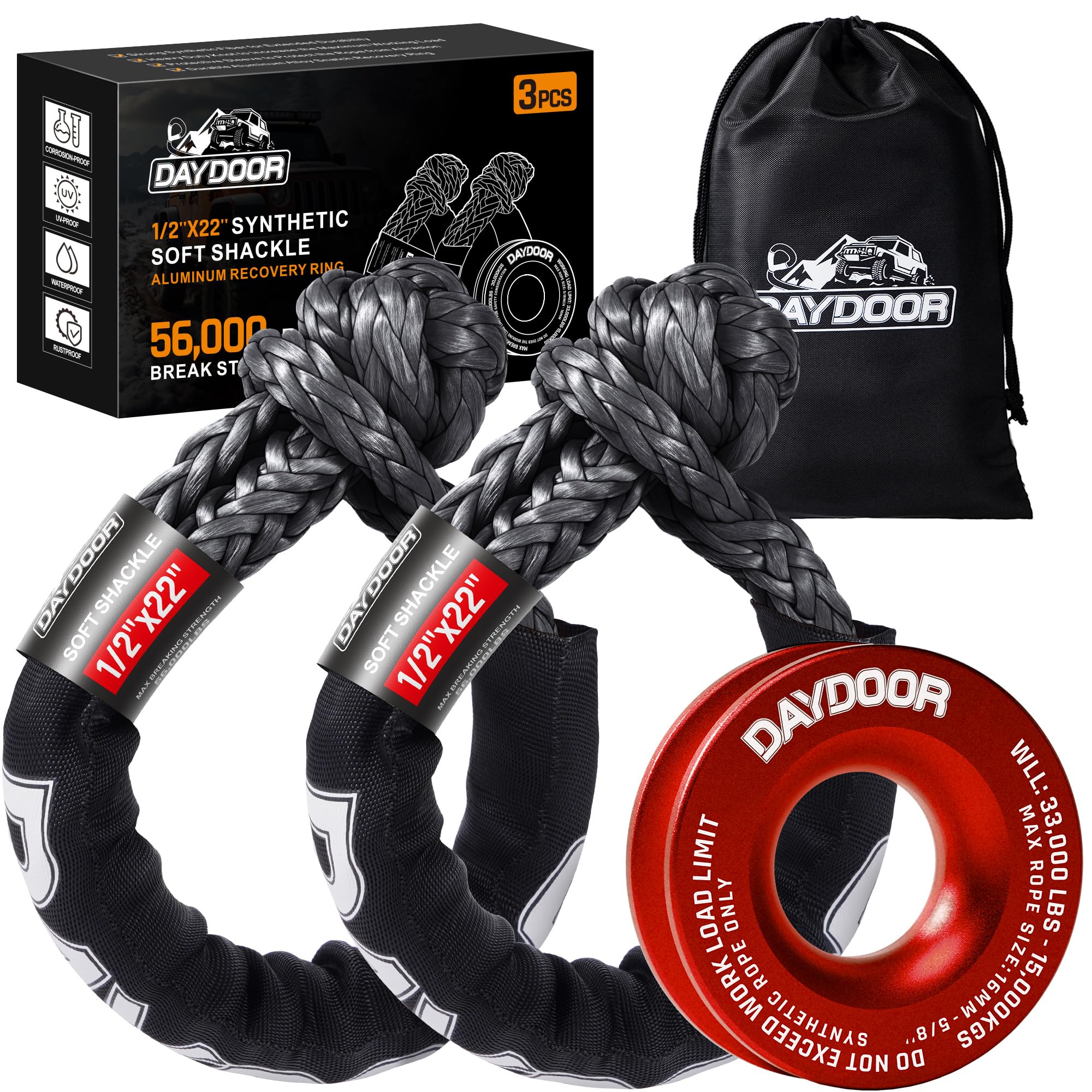 DAYDOOR Synthetic Soft Shackle & Winch Recovery Ring Kit, 2 PCS 1/2'' x 22'' Recovery Soft Shackle(56,000Lbs Breaking Strength), 1 PCS Recovery Ring for ATV UTV Off-Road Vehicles(Red Ring), XC079