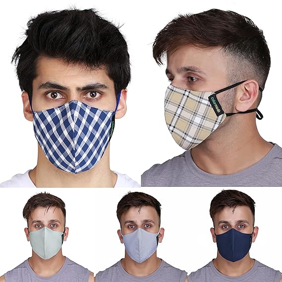 Colormode Premium Men Face Mask Super Soft Adjustable Head Loops 100% Cotton 3 Layer Nose Wire for Anti fogging Reusable Washable Cloth Face Mask fashionable stylish mask for men stylish | Highly Breathable Soft and Comfortable (Pack of 5)