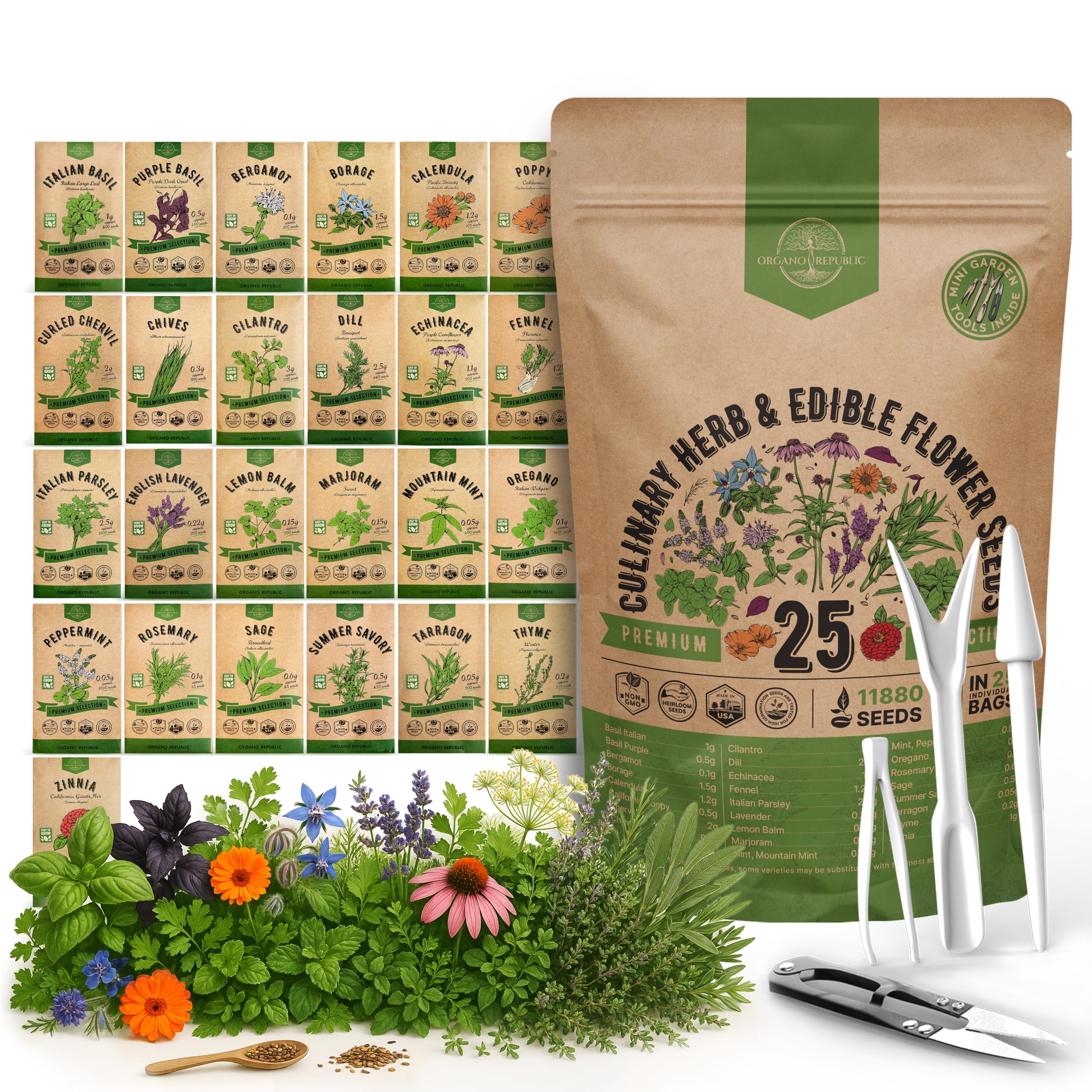 25 Culinary Herbs & Edible Flower Seed Variety Pack for Planting Indoor & Outdoors. 11900+ Non-GMO Heirloom Flower Seeds: Basil, Borage, Echinacea, Lavender, Oregano, Rosemary Seeds & More