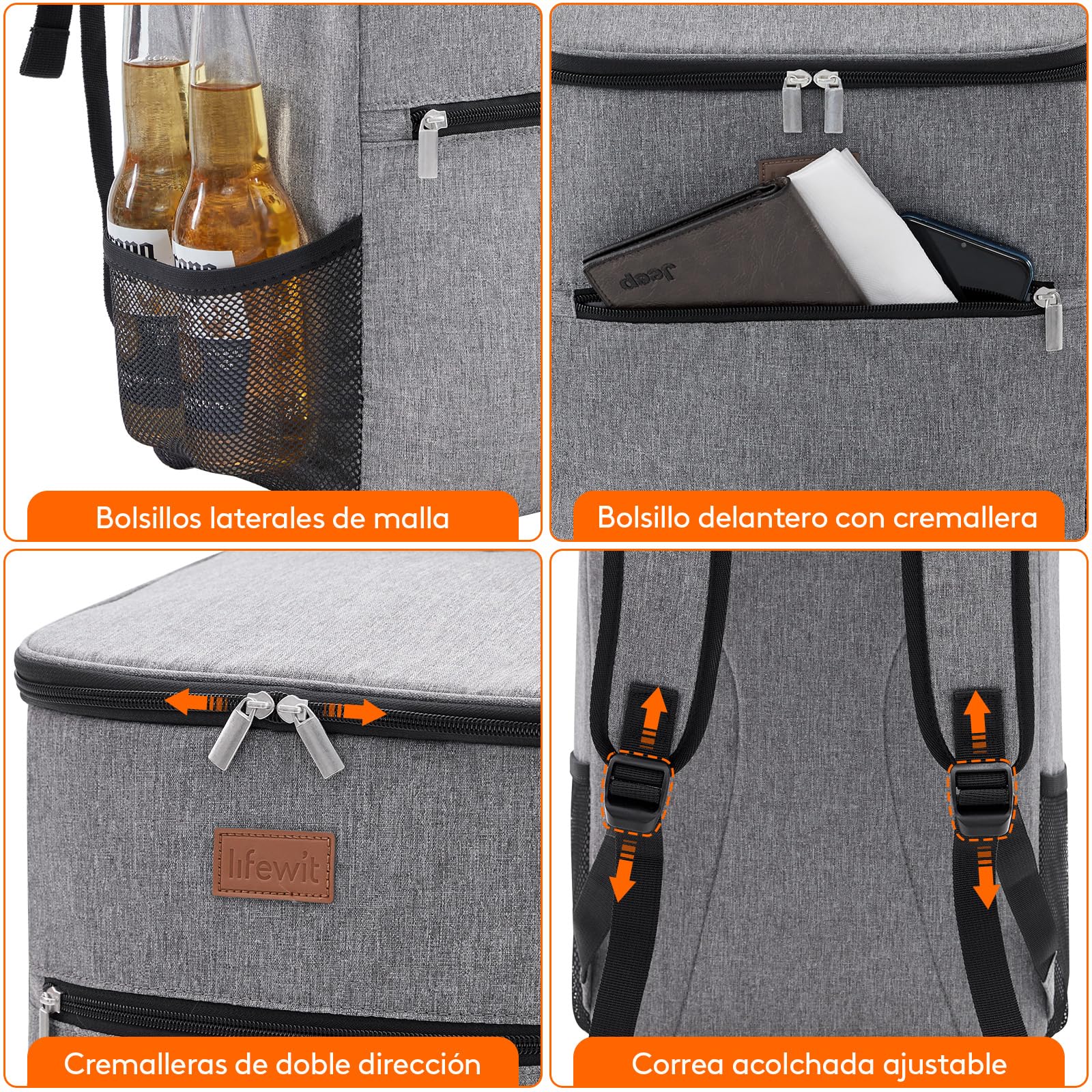 Lifewit Mochila Nevera 24L (30 Latas), Mochilas Neveras Portatil Isotermica, Bolsa Termica Porta Alimentos Impermeable, Cooler Bag para Playa, Picnic, Camping, Viaje, Trabajo, Gris