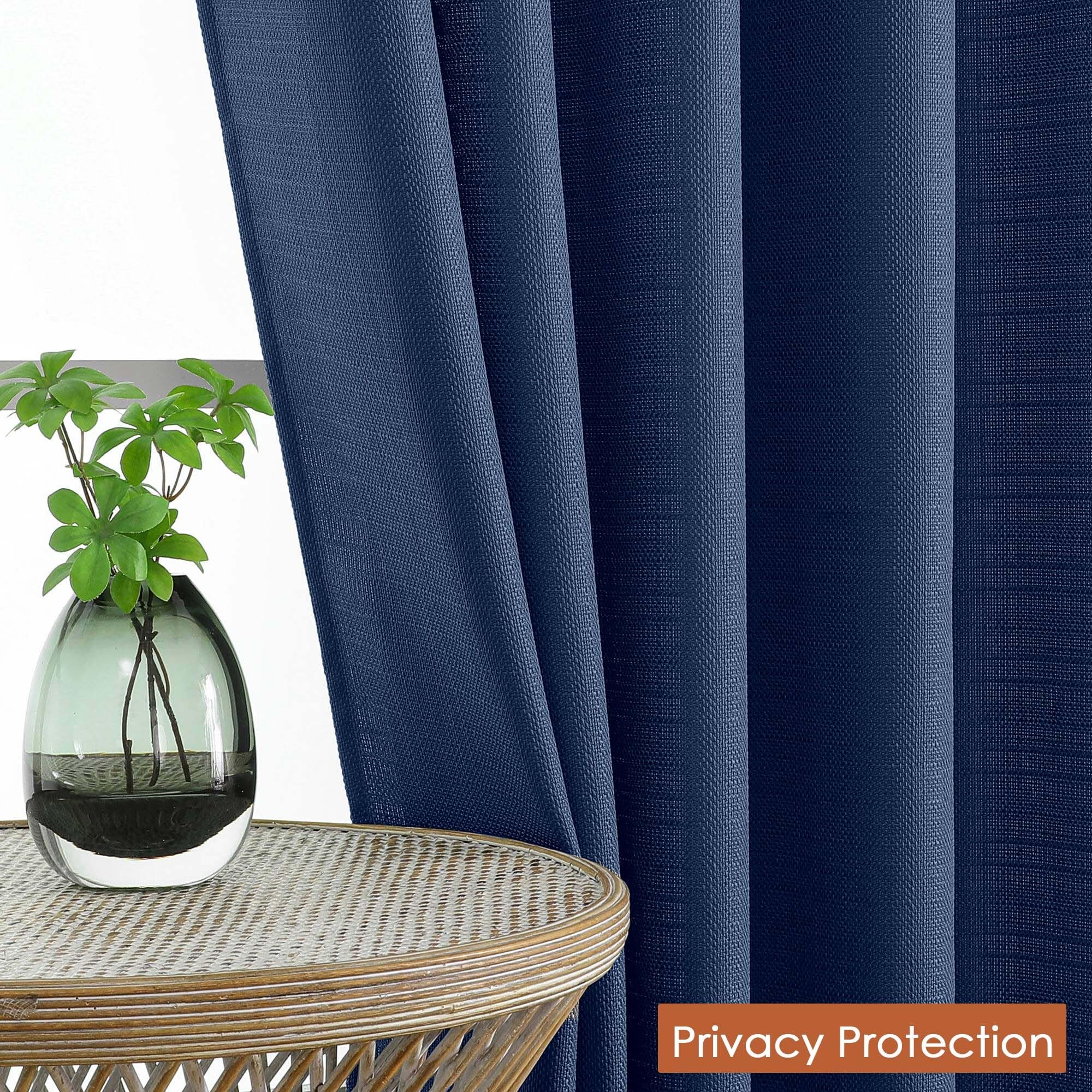 Condition photo showing New/Like New for blue faux linen curtains 90 inches long 2 panels set, farmhouse rustic light filtering soft thick textured curtains for bedroom dual rod pocket drapes for living room, 2x50wx90l inches