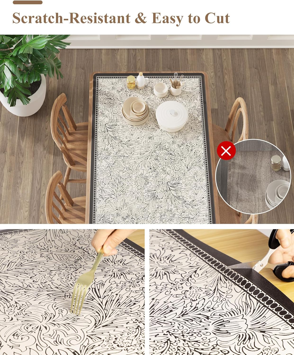 PVC Desk Mat Vintage Table Cover Protector, Non-Slip Writing Desk Pad for Laptop & Keyboard, Waterproof Desktop Mat for Office Home Coffee Kitchen Dresser (Floral Beige, 36” x 60")