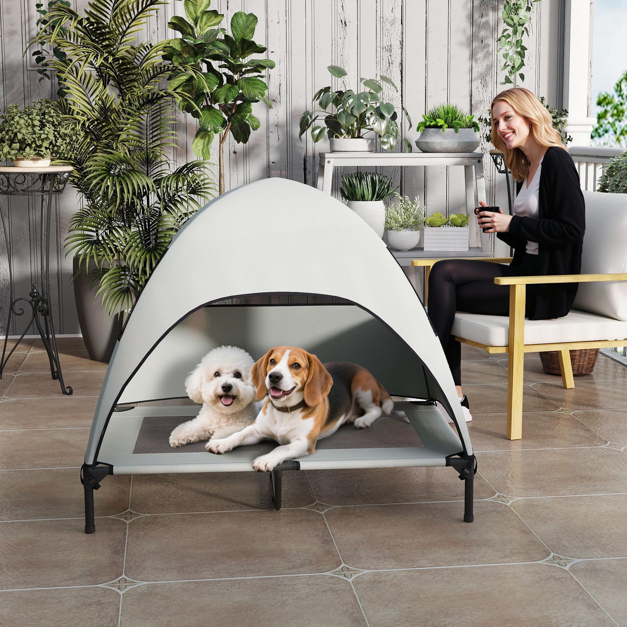PawHut Tumbona para perros para exteriores con techo, cama elevada para perros grandes, cama para mascotas con marco de acero de malla lavable, bolsa de transporte, cama para mascotas para exteriores