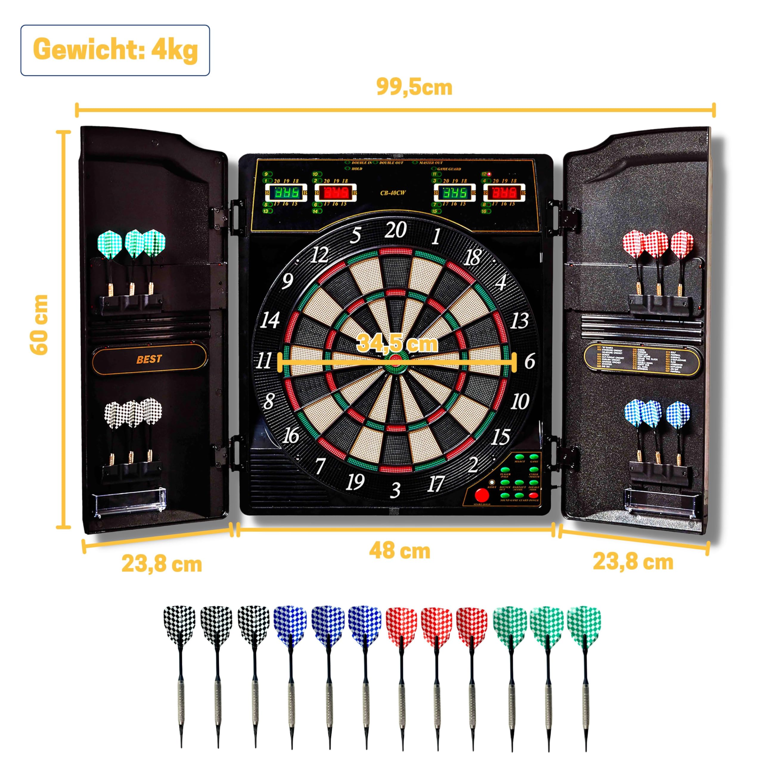 Best Sporting Dartscheibe elektronisch Oxford Evolution I E-Dartscheibe mit LED-Anzeigen, inkl. 12 Dartpfeile & 42 Ersatzspitzen I 1-16 Spieler I 27 Spiele -159 Varianten