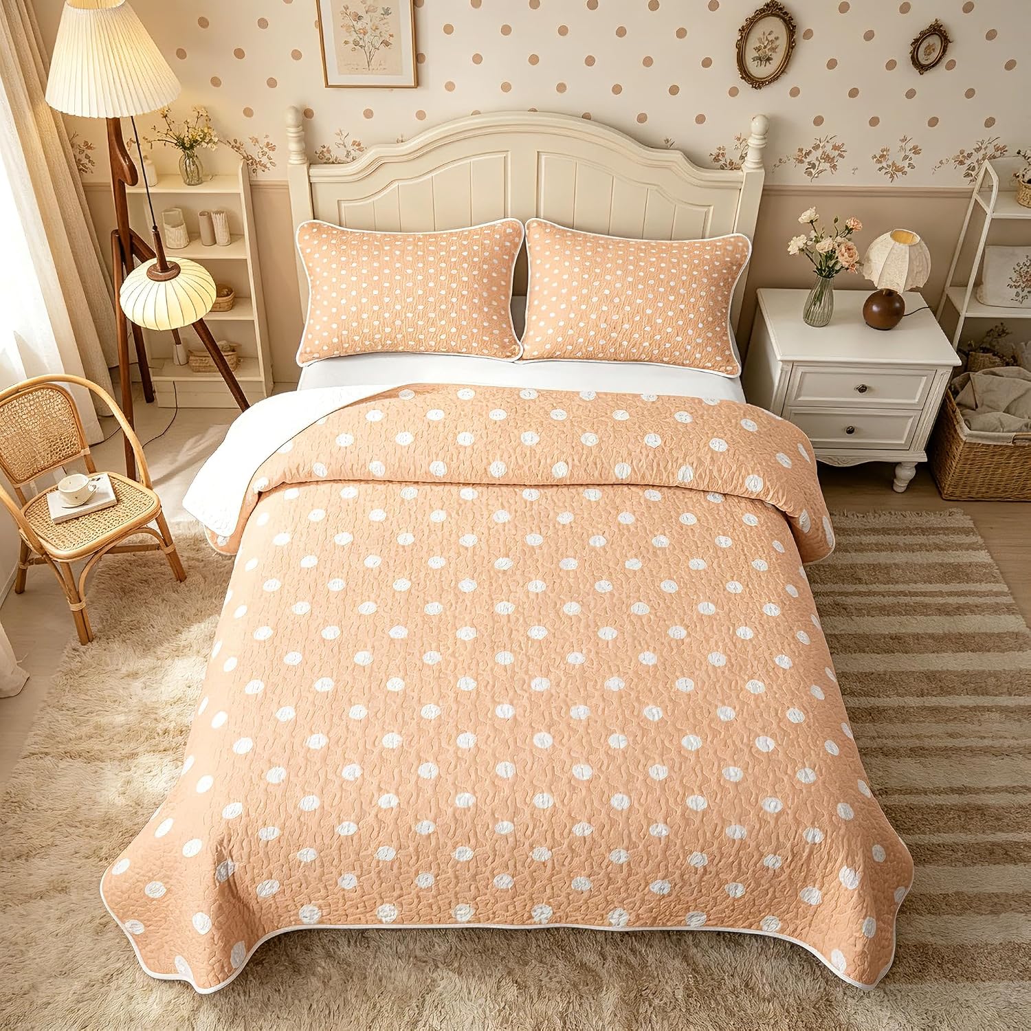 Manfei Polka Dots Quilt Bedding Set,Retro Geometric Dot Queen Size,Modern Simple Style Quilt Sets for Boys Girls,Grey White 3Pcs with 2 Pillow Shams