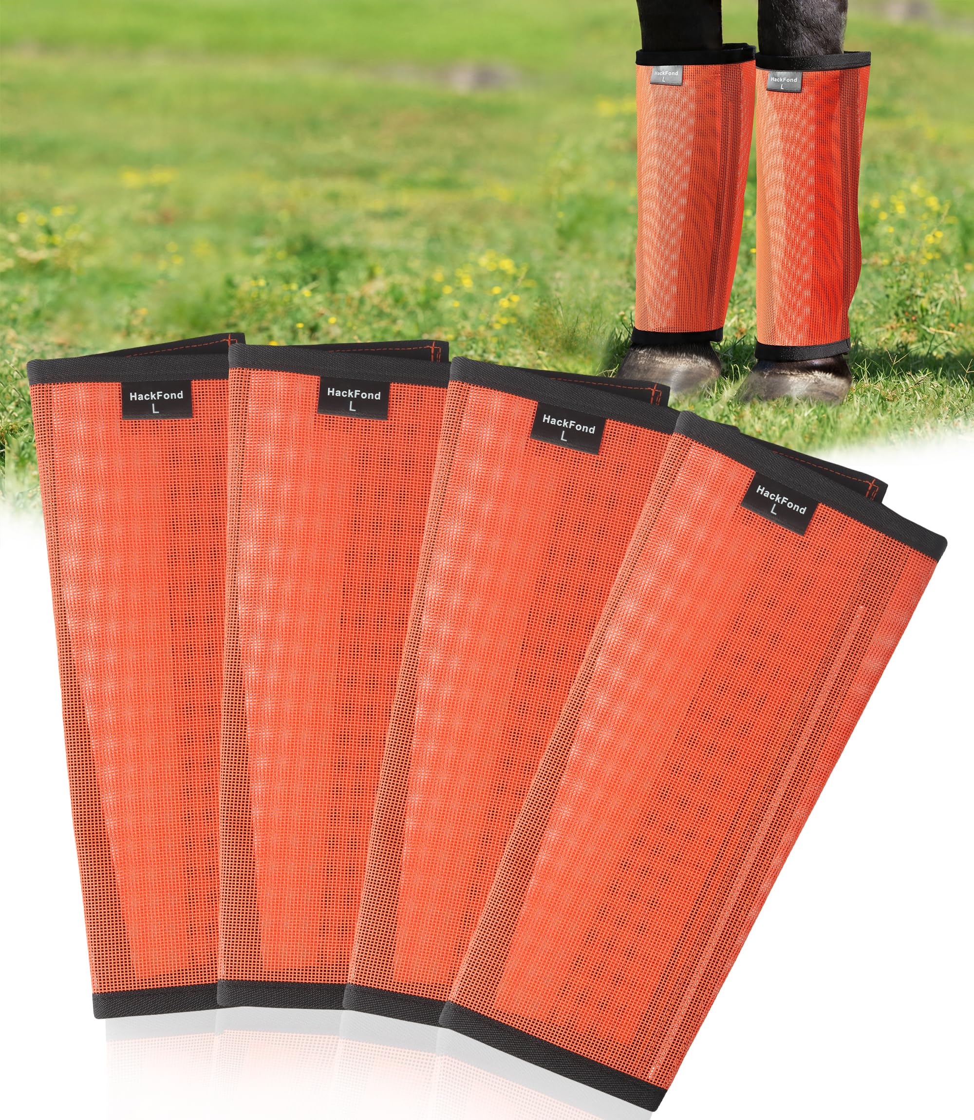 Lot de 4 guêtres de cheval en maille respirante pour protection contre les insectes et les rayures, protège-jambes confortables pour pâturage, randonnée et utilisation quotidienne, orange vif