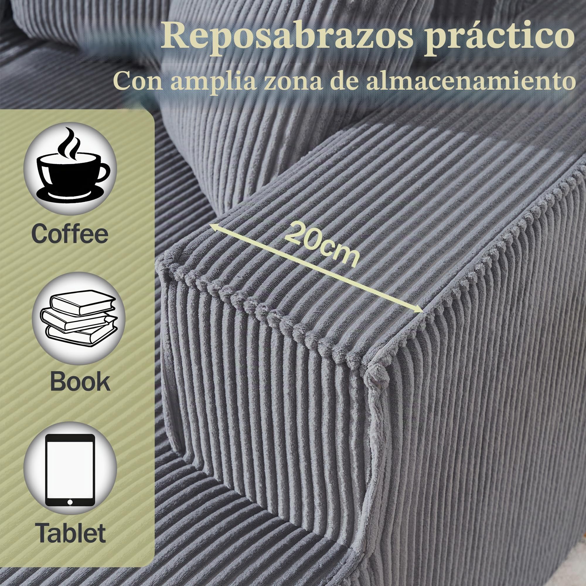 Wiuzo Sofá de pana comprimido en forma de L para 2 personas + chaise longue esquina, sofá modular esquinero con acolchado suave de espuma de alta densidad (gris + chaise longue derecho)