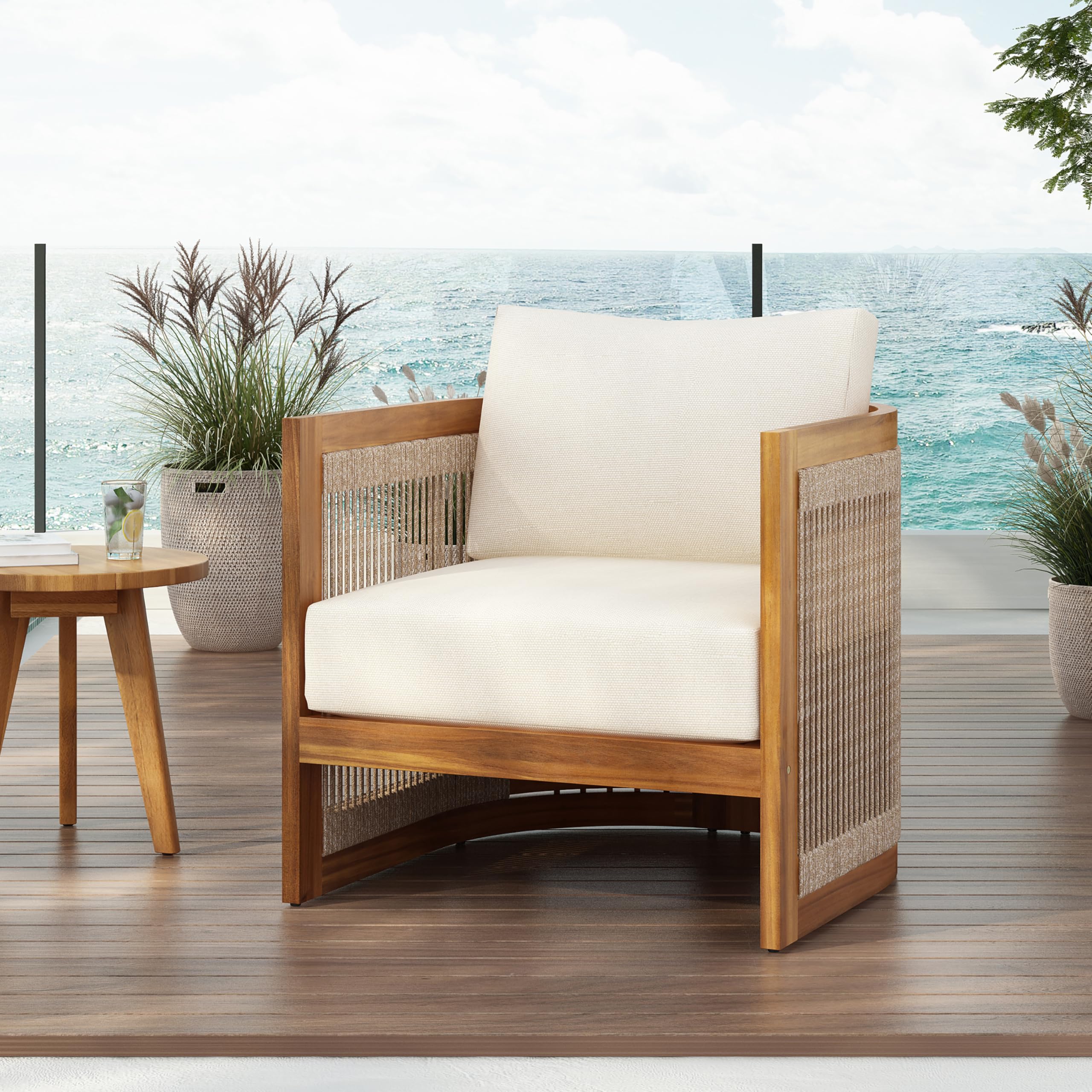 espidoo Acacia Wood Outdoor Club Chair: Contemporary Curved Tub Design with Woven Rope Accents - Water-Resistant Cushions & All-Weather Slat Construction for Patio & Garden Seating