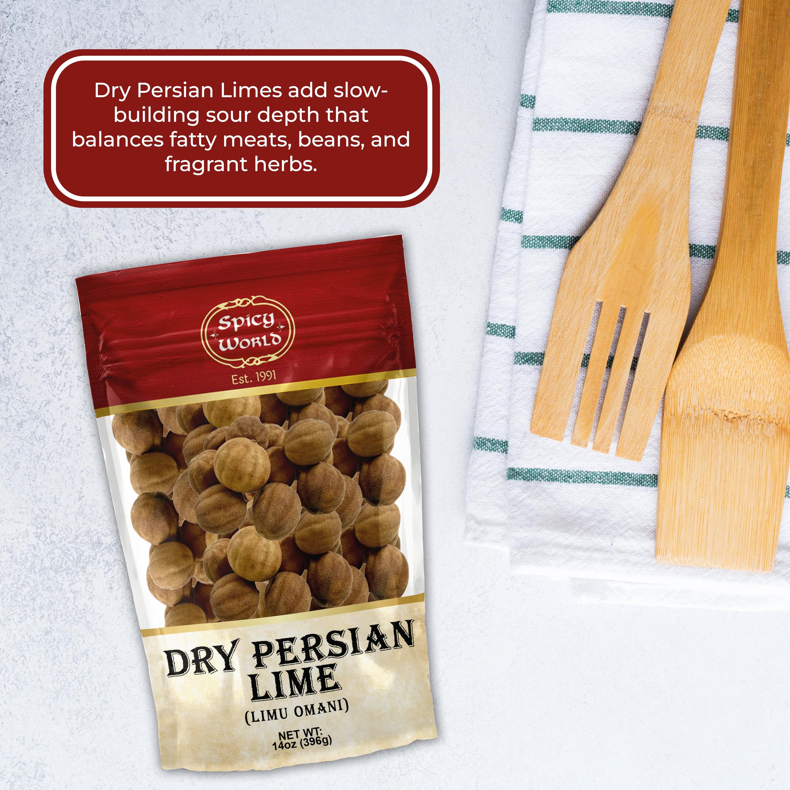 Spicy World Dried Persian Limes (Lime Omani) 14 Ounce Bag - Approx 50-60 Count! - Limu Omani Dried Whole Lime