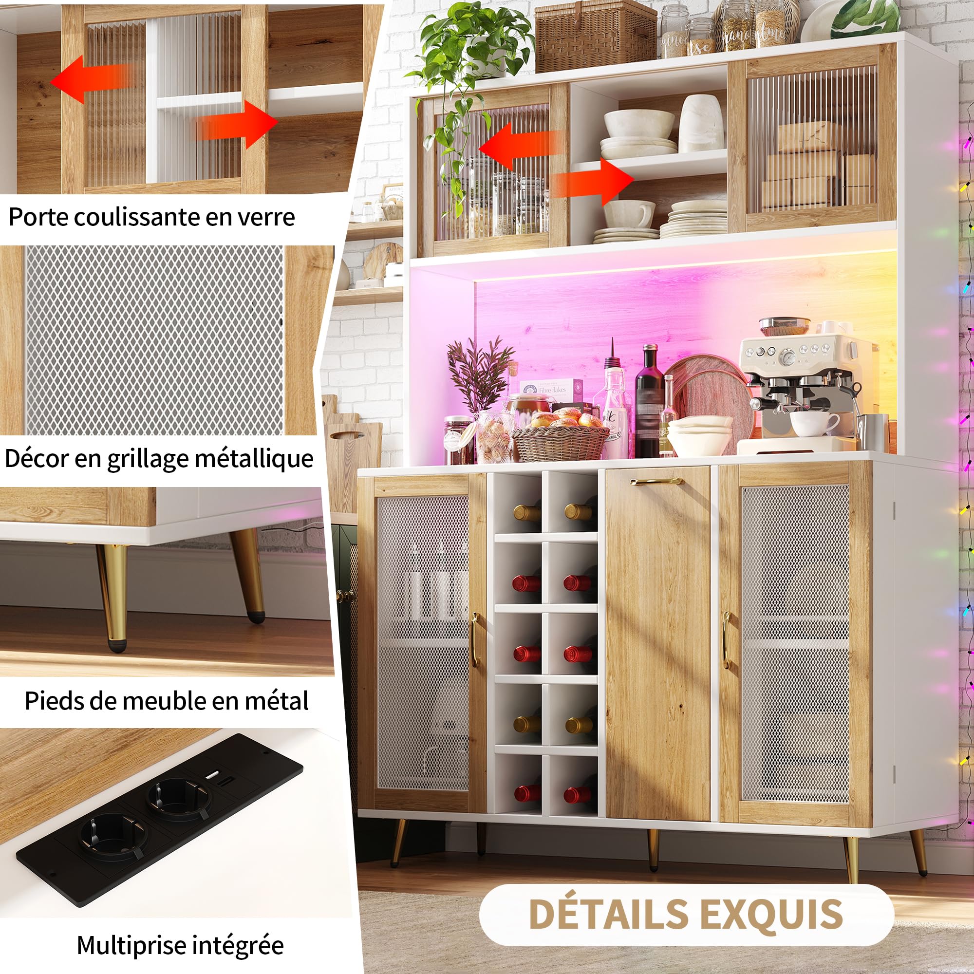 Buffet Cuisine, Armoire de Cuisine avec éclairage LED, Porte-Bouteilles et Rangement pour Snacks, 5 Portes, Prise Intégrée, Finition Blanche avec Décor Imitation Bois, 120 x 40 x 170 cm