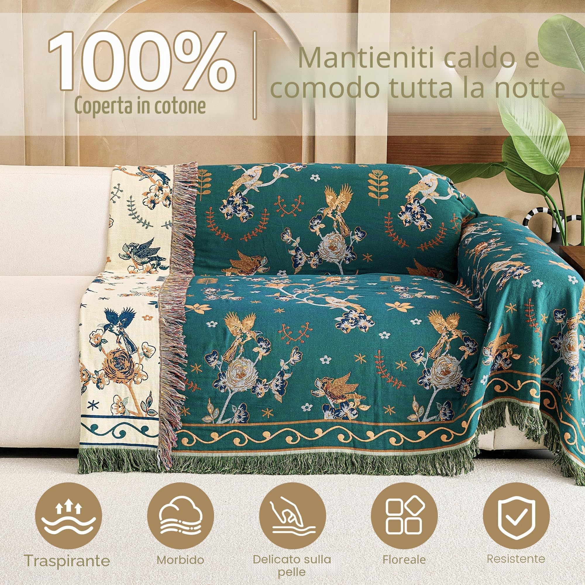 VANJOROY Coperta per Divano e Letto Grande in 100% Cotone Organico con Motivo Floreale di Uccelli - 130x150cm, Coperta Morbida Doppio Lato Stile Bohémien per Poltrona Singola a 2 Posti, Tappeto da