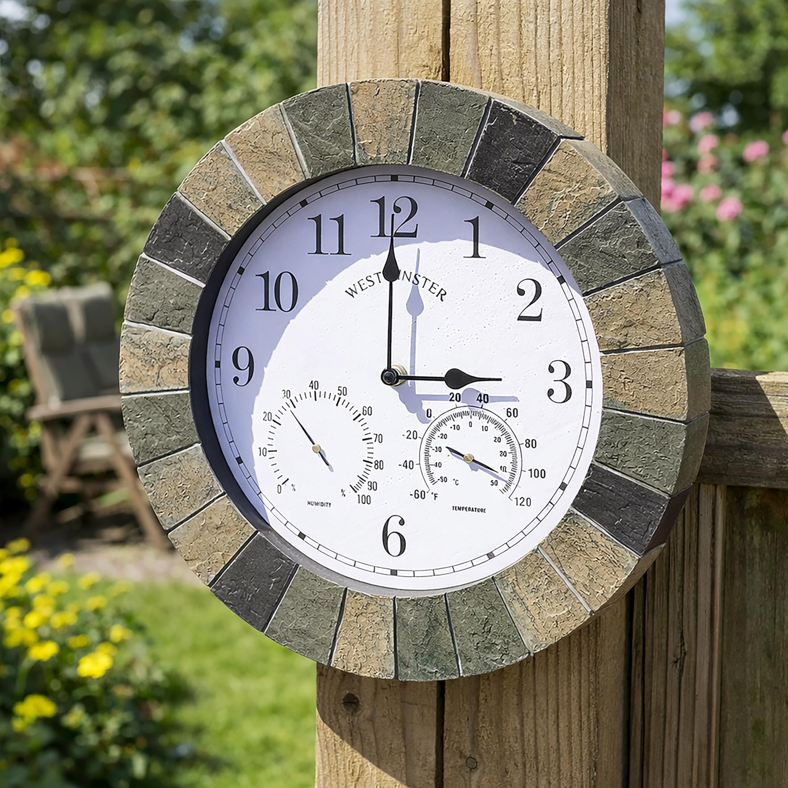 Homezone Westminster - Reloj de jardín y termómetro de 10 pulgadas, resistente al agua, duradero, decoración de jardín, para patio, cocina, sala de estar (reloj de pizarra de piedra)