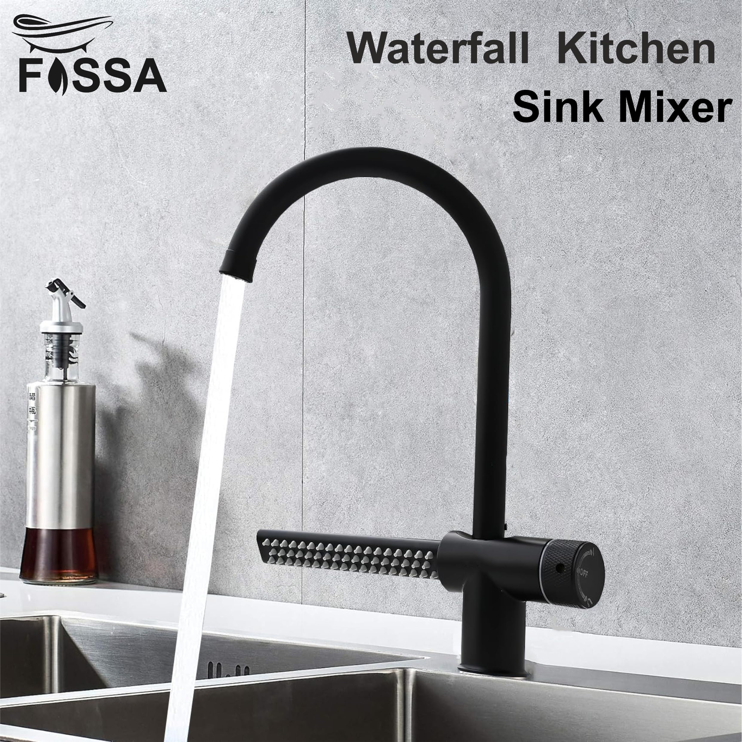 Fossa Waterfall Sink Mixer with Swivel Spout, Hot & Cold Kitchen Tap Mixer 304 Grade Stainless Steel Matt Fanish Black Waterfall Feature (Black) 2