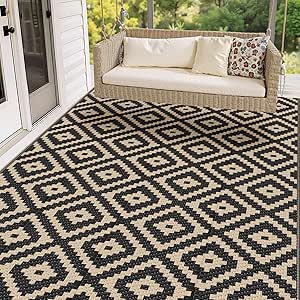 Mattitude Waterproof Outdoor Rug 5x8 Ft Outdoor Plastic Straw Rug Reversible Patio Rug Large Outdoor Carpet Area Rug for Patio Backyard Picnic Beach Camping RV Black &amp; Beige