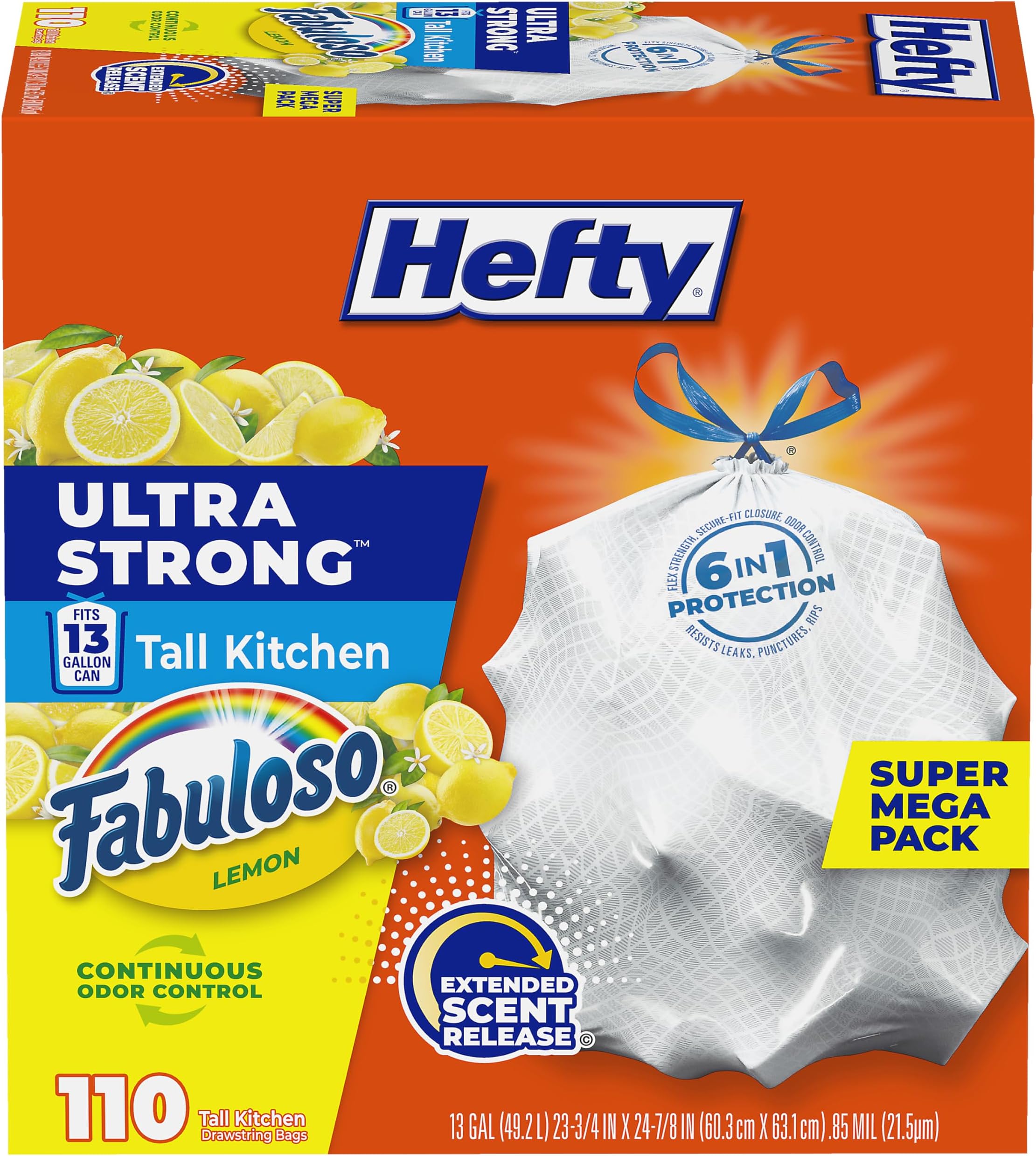 Ultra Strong 13 Gallon Trash Bags, Tall Kitchen Trash Bags 13 Gallon Size, Resist Leaks, Punctures, and Rips, Continuous Odor Control, White, Fabuloso Lemon Scent, 110 Bags