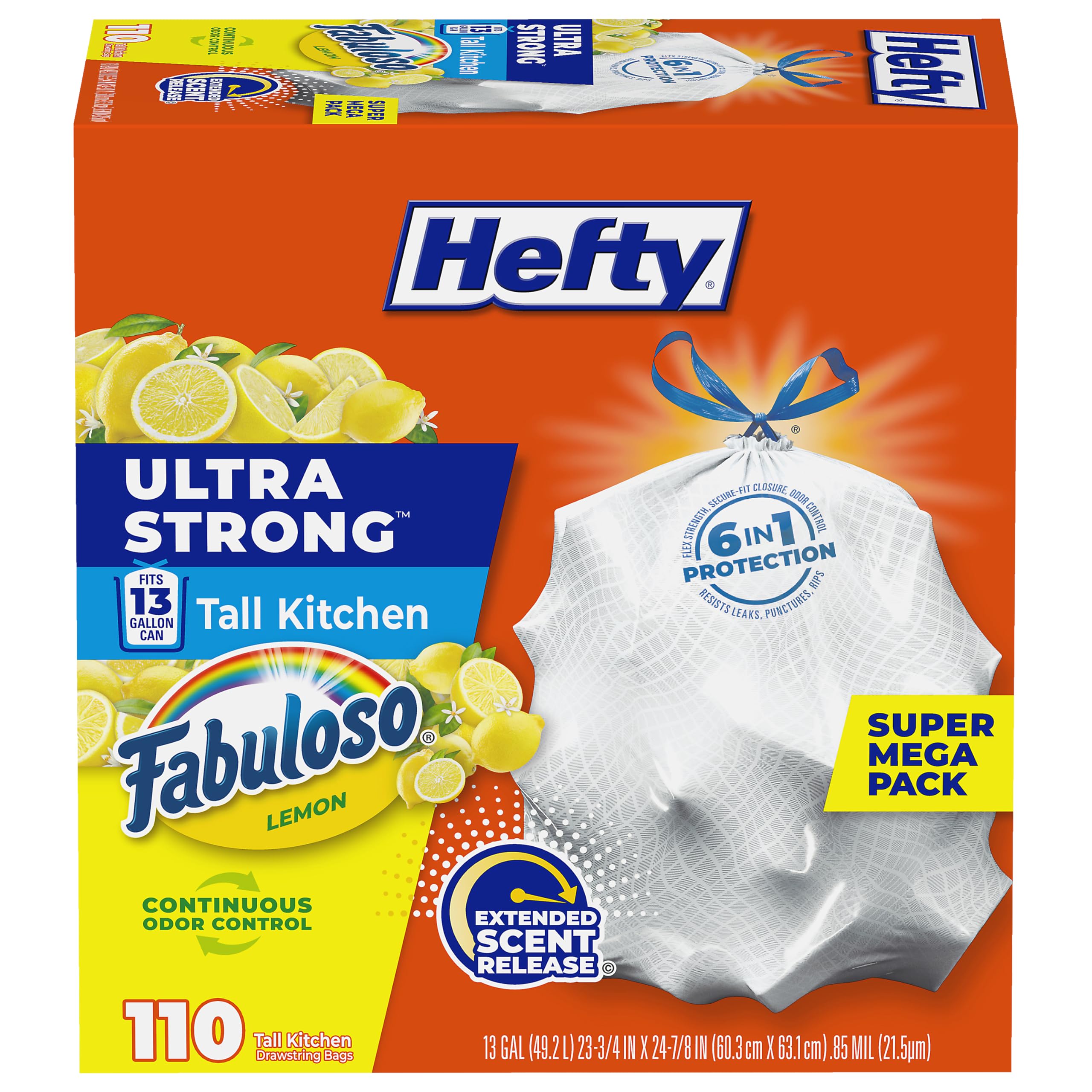 Hefty Ultra Strong Tall Kitchen Trash Bags, Fabuloso Lemon Scent, 13 Gallon, 110 Count